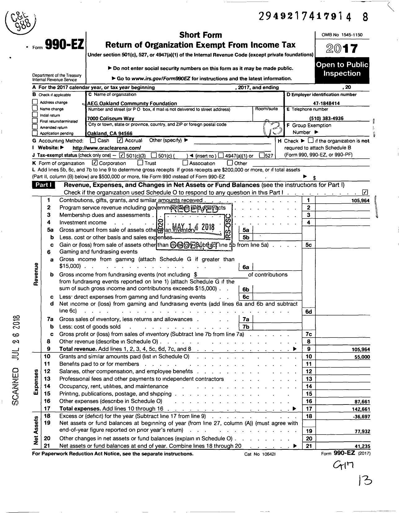 Image of first page of 2017 Form 990EZ for Aeg Oakland Community Foundation