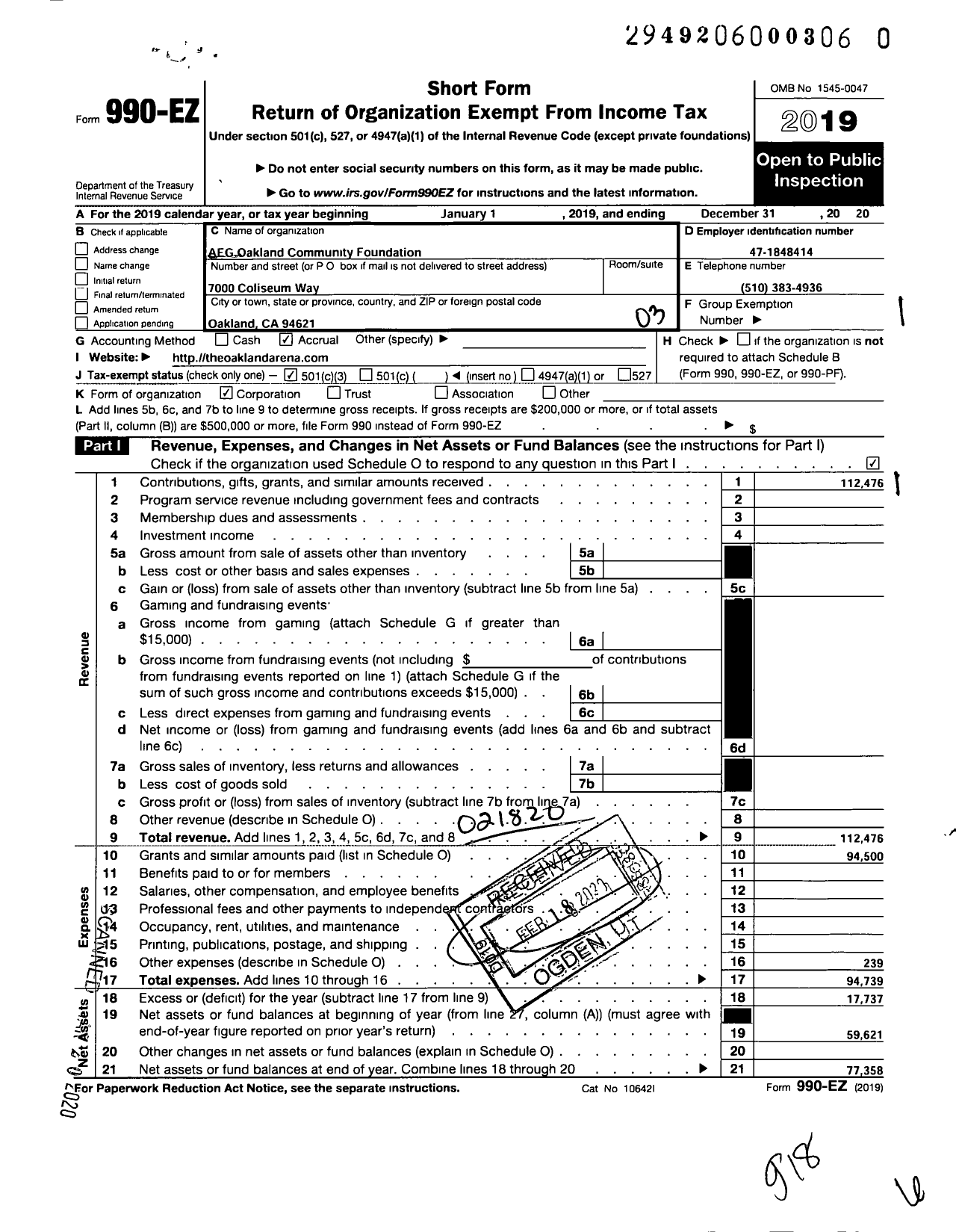 Image of first page of 2020 Form 990EZ for Aeg Oakland Community Foundation