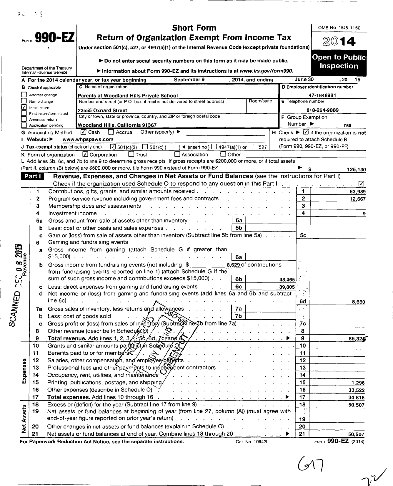 Image of first page of 2014 Form 990EZ for Parents at Woodland Hills Private School