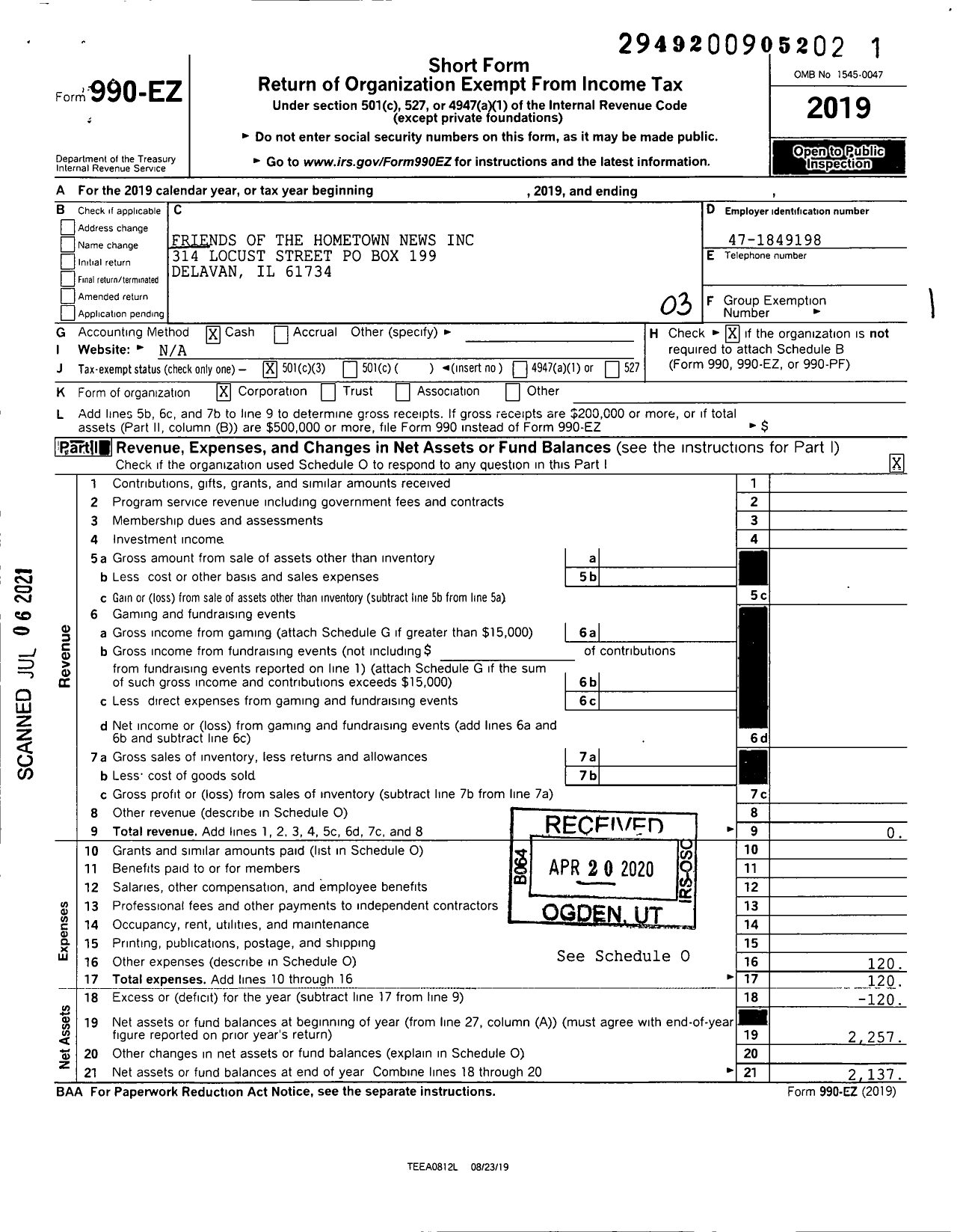 Image of first page of 2019 Form 990EZ for Friends of the Hometown News