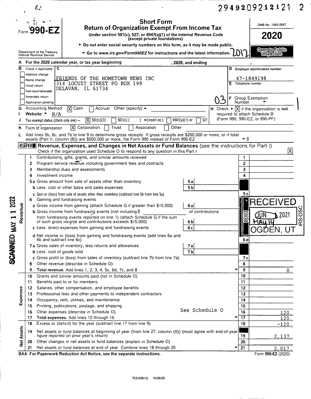 Image of first page of 2020 Form 990EZ for Friends of the Hometown News