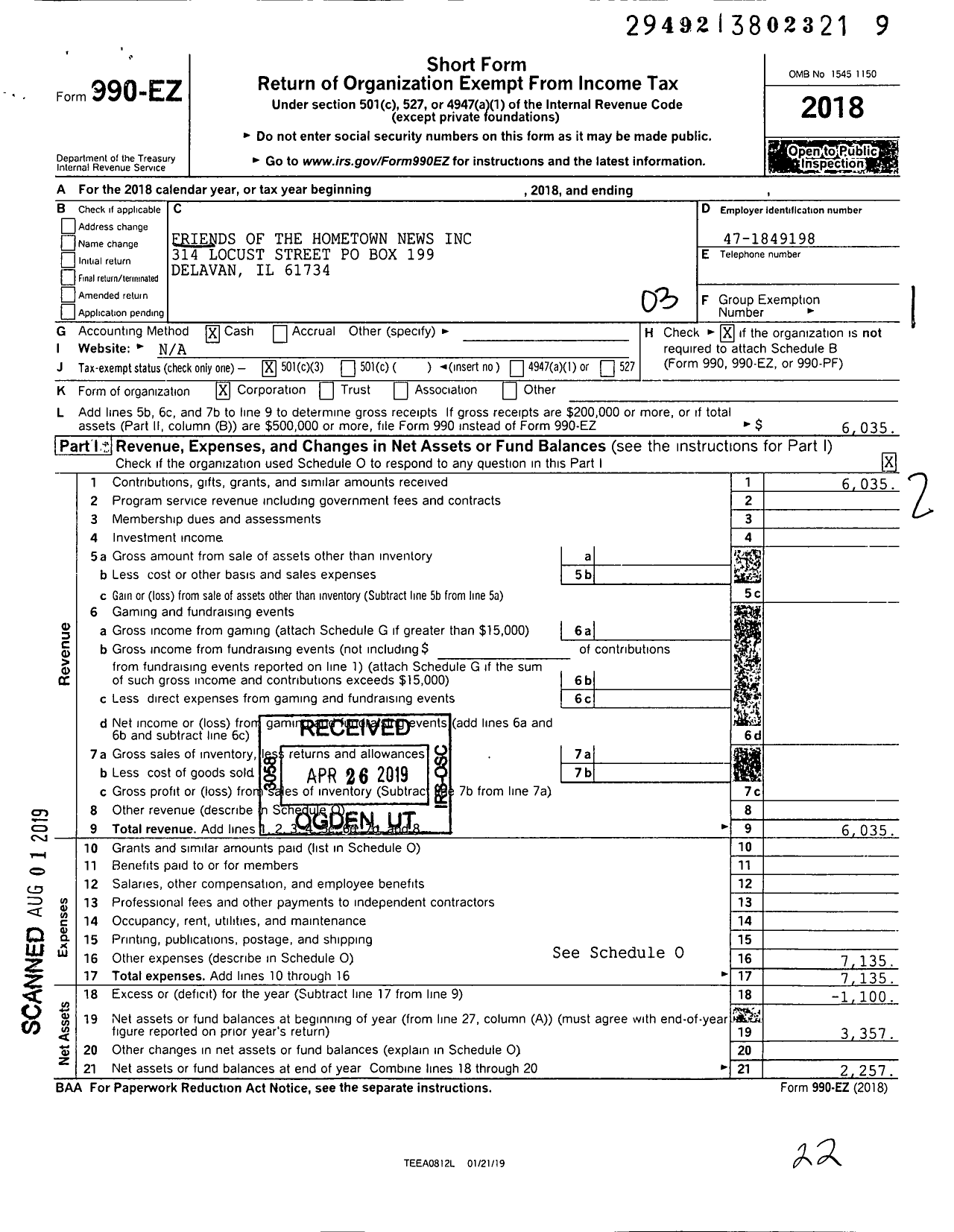 Image of first page of 2018 Form 990EZ for Friends of the Hometown News