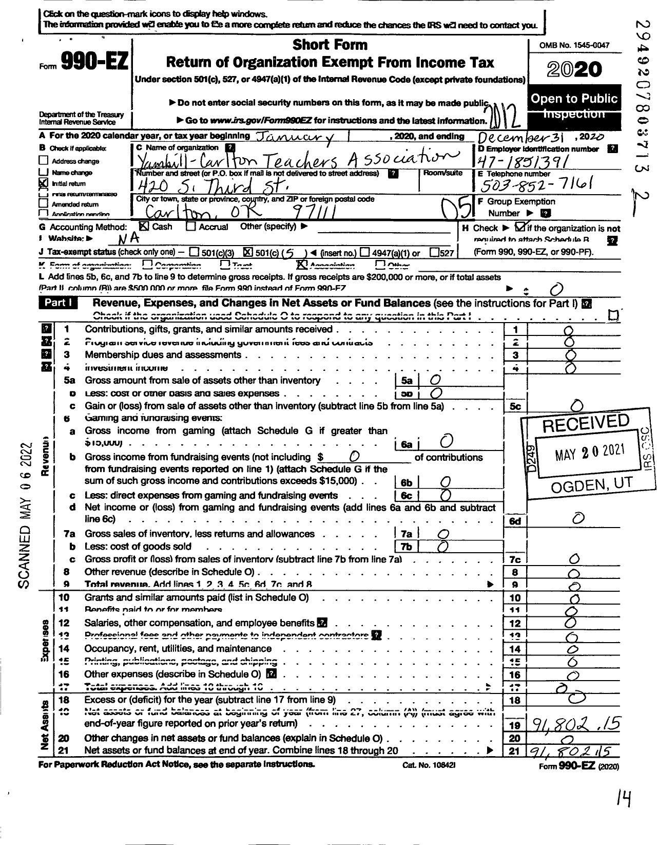 Image of first page of 2020 Form 990EO for Yamhill-Carlton Teachers Association