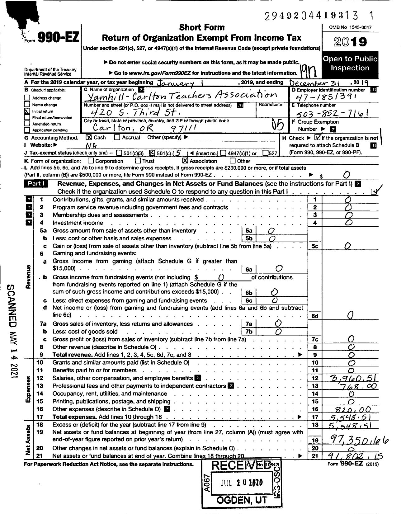 Image of first page of 2019 Form 990EO for Yamhill-Carlton Teachers Association