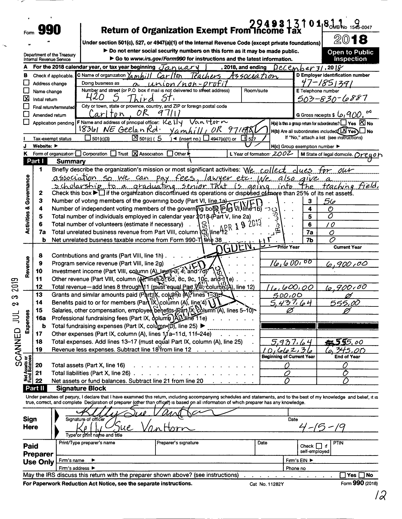 Image of first page of 2018 Form 990O for Yamhill-Carlton Teachers Association