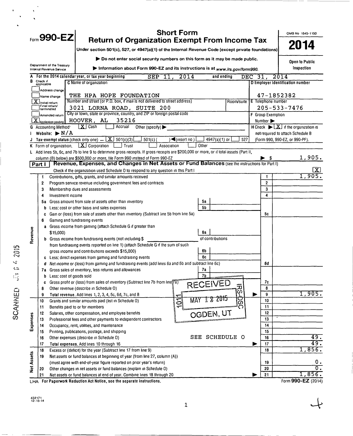 Image of first page of 2014 Form 990EZ for The Hpa Hope Foundation