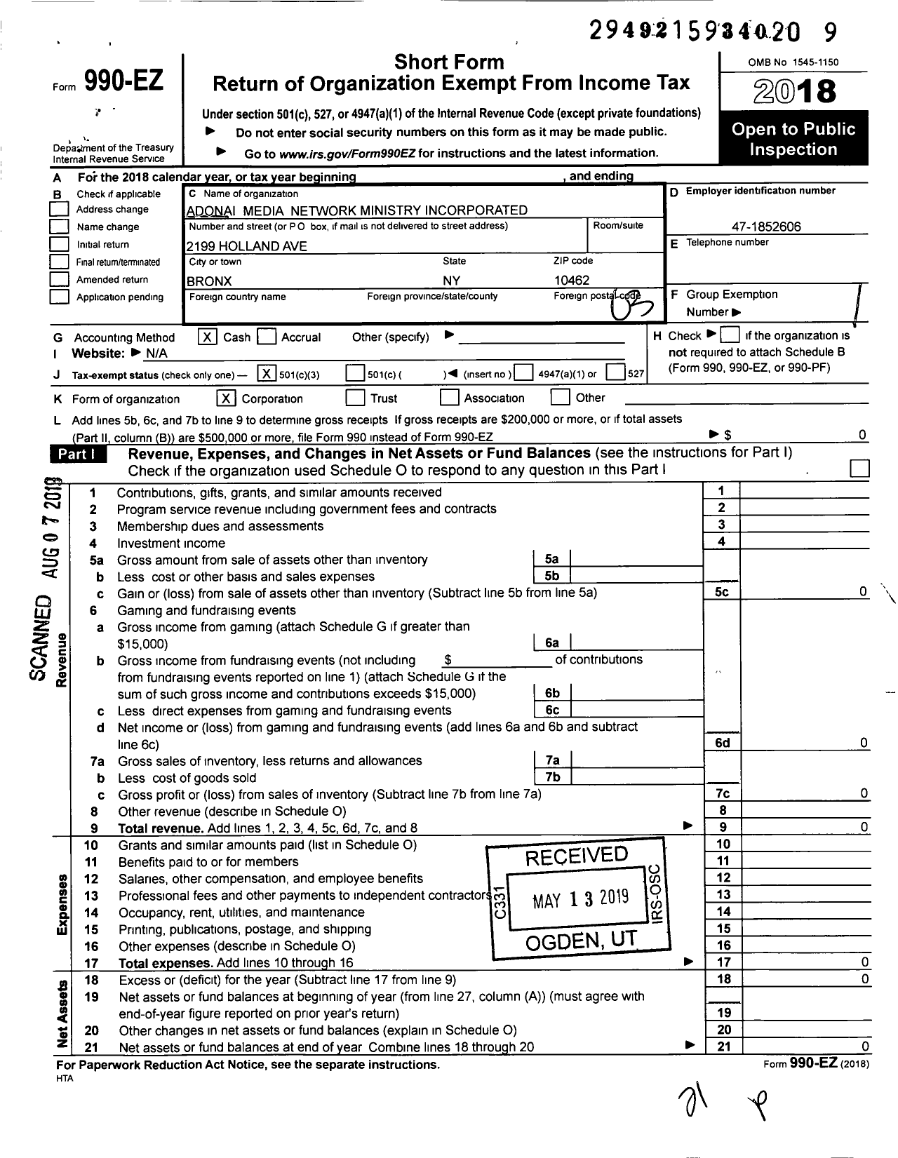 Image of first page of 2018 Form 990EZ for Adonai Media Network Ministry Incorporated