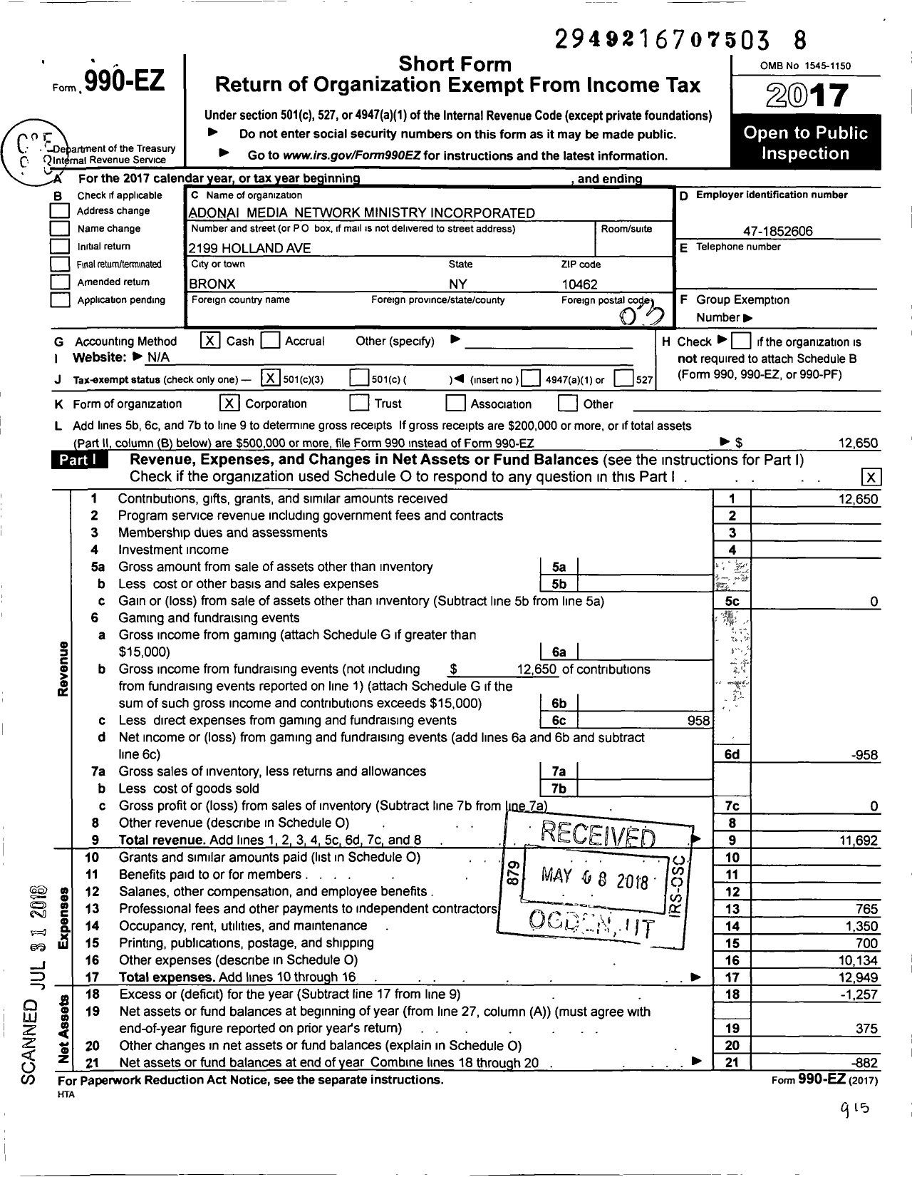 Image of first page of 2017 Form 990EZ for Adonai Media Network Ministry Incorporated