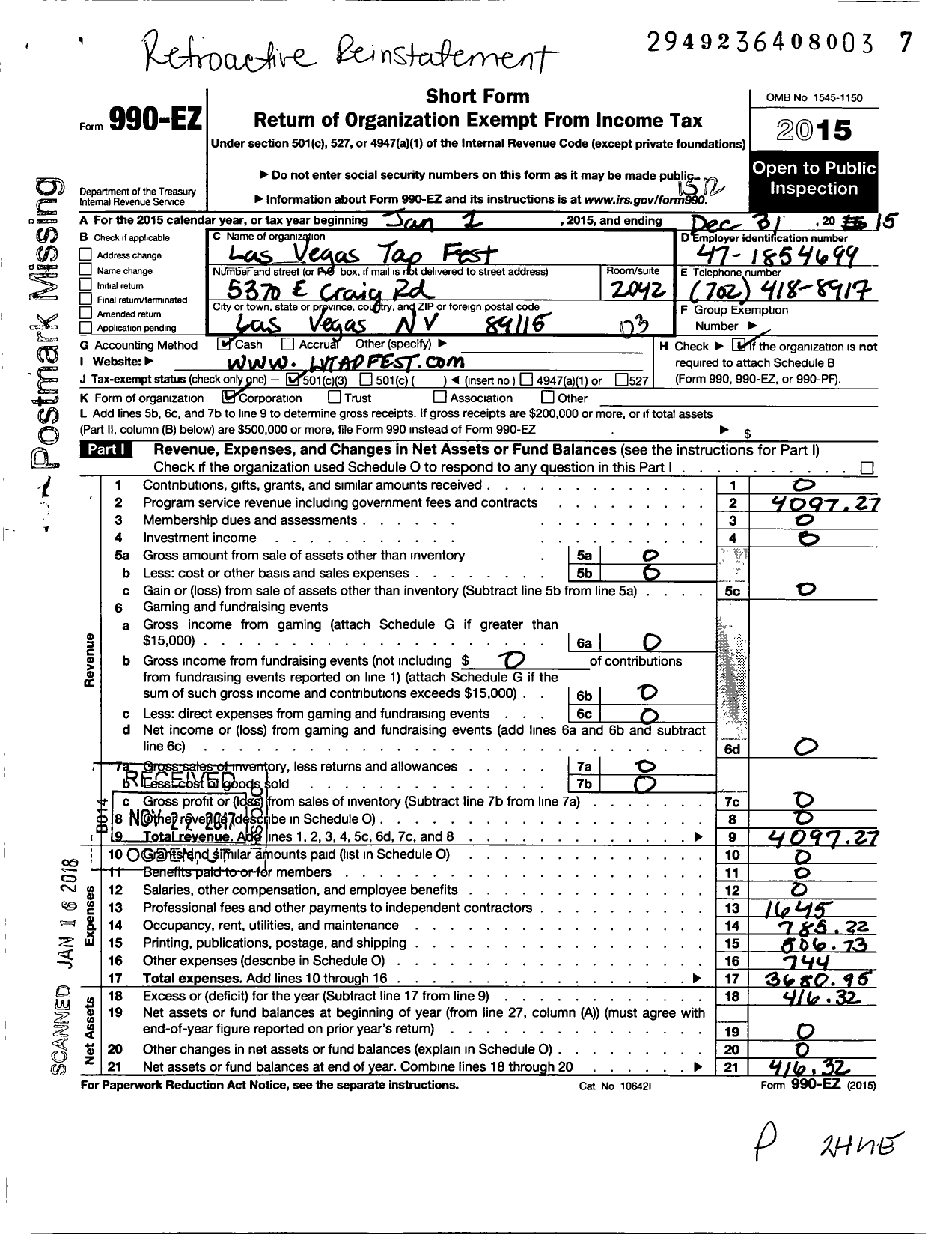 Image of first page of 2015 Form 990EZ for Las Vegas Tap Fest