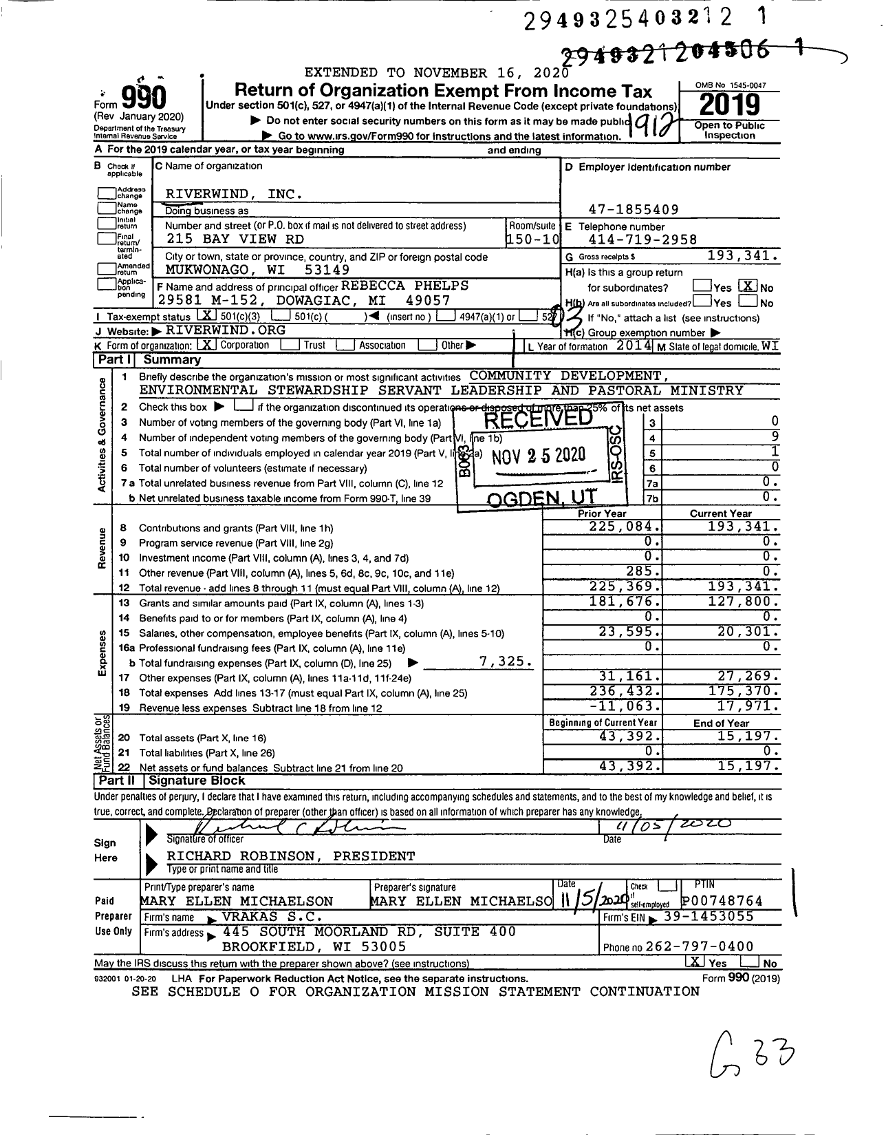 Image of first page of 2019 Form 990 for Riverwind