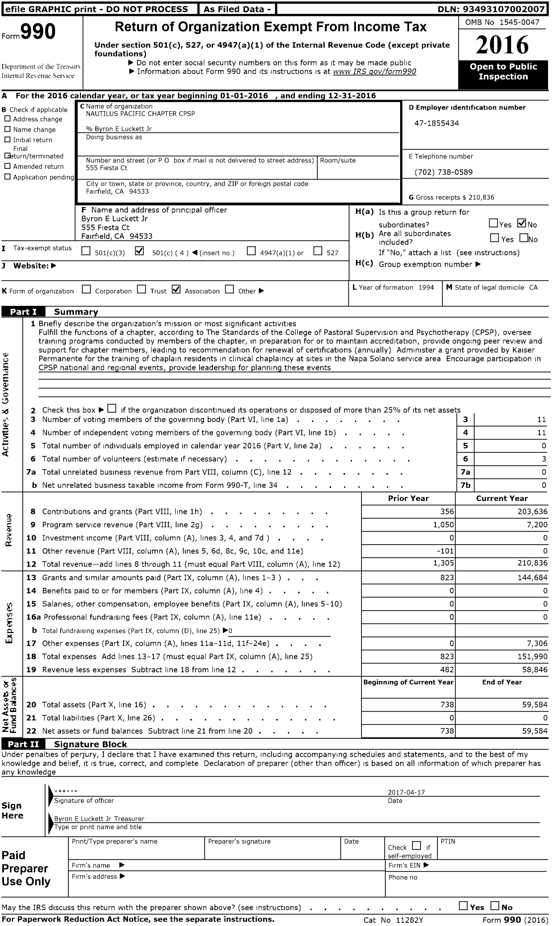 Image of first page of 2016 Form 990O for Nautilus Pacific Chapter CPSP