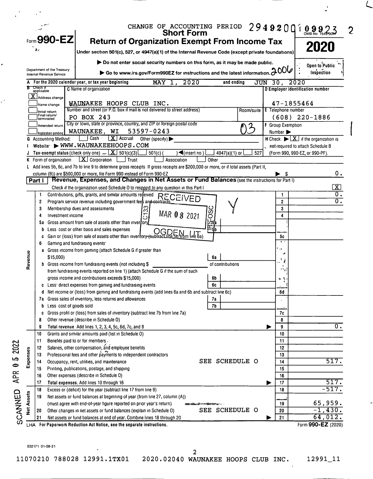 Image of first page of 2019 Form 990EZ for Waunakee Hoops Club