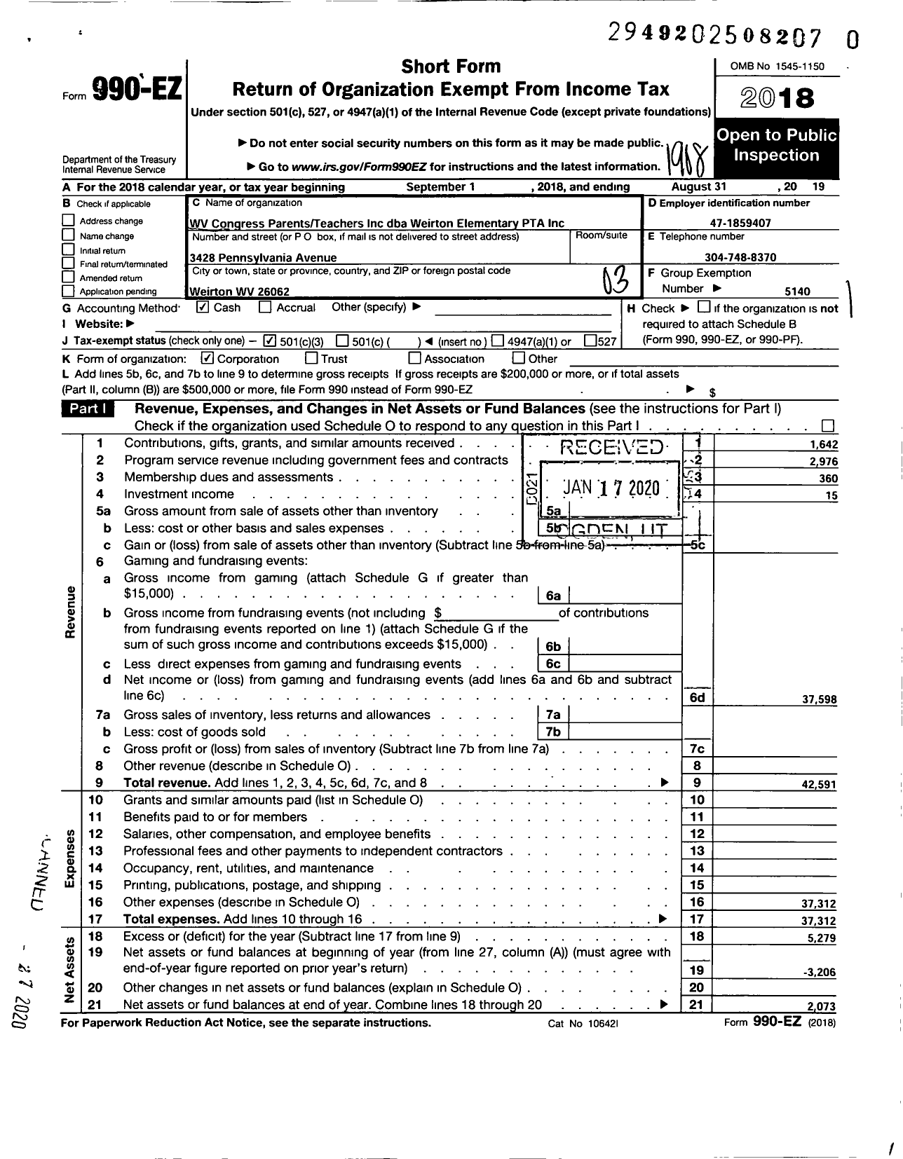 Image of first page of 2018 Form 990EZ for West Virginia Congress of Parents and Teachers / Weirton Elementary