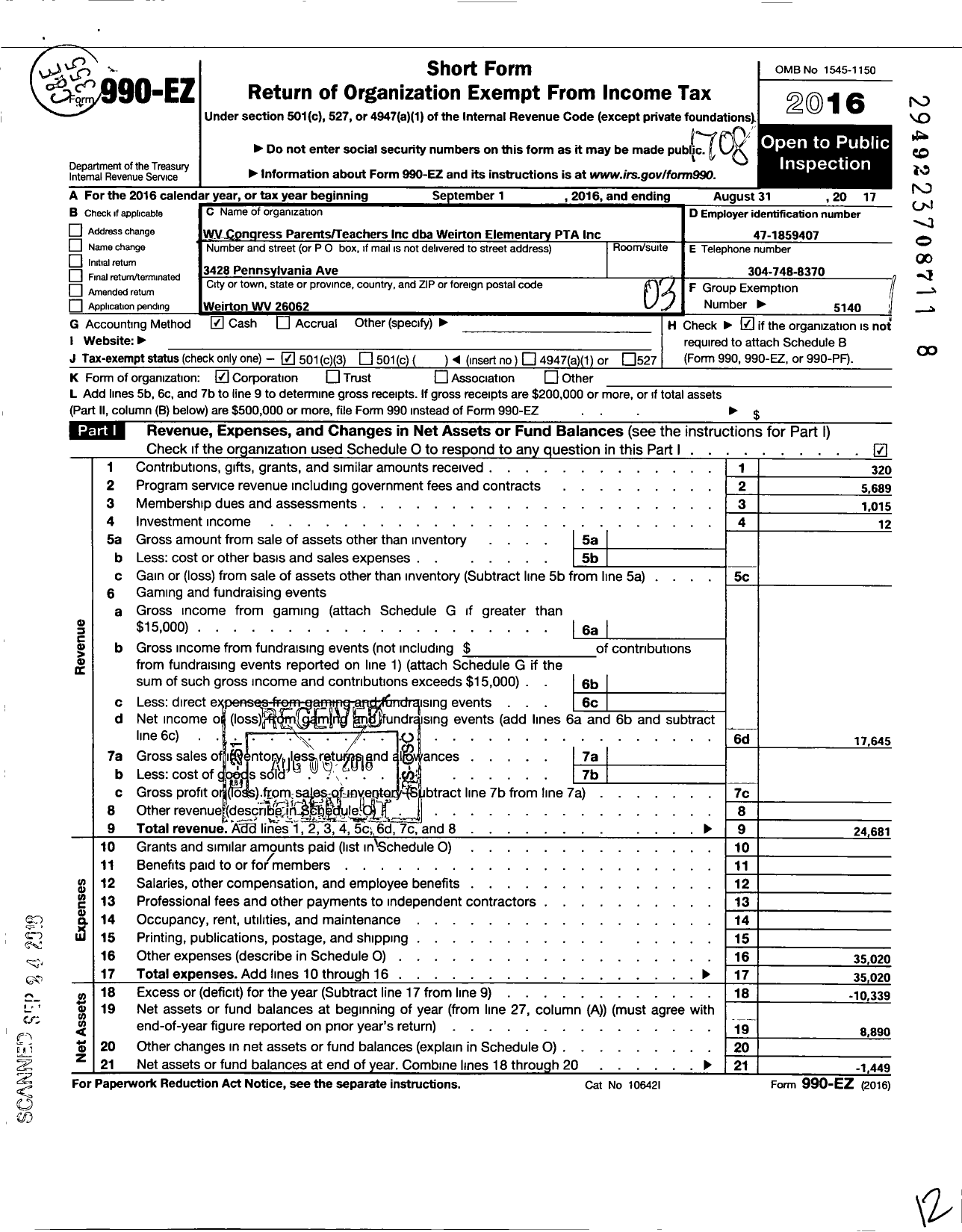 Image of first page of 2016 Form 990EZ for West Virginia Congress of Parents and Teachers / Weirton Elementary