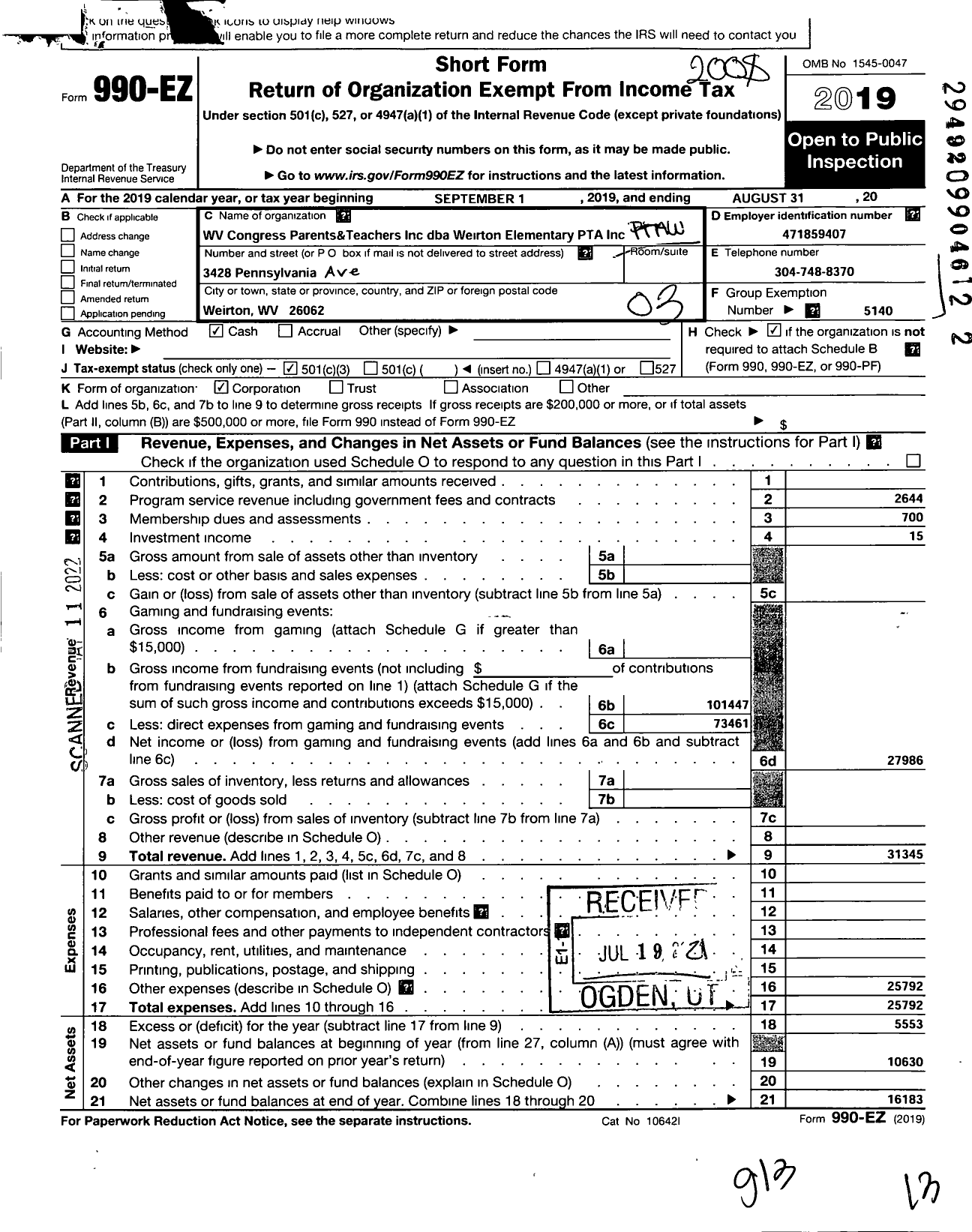 Image of first page of 2019 Form 990EZ for West Virginia Congress of Parents and Teachers / Weirton Elementary