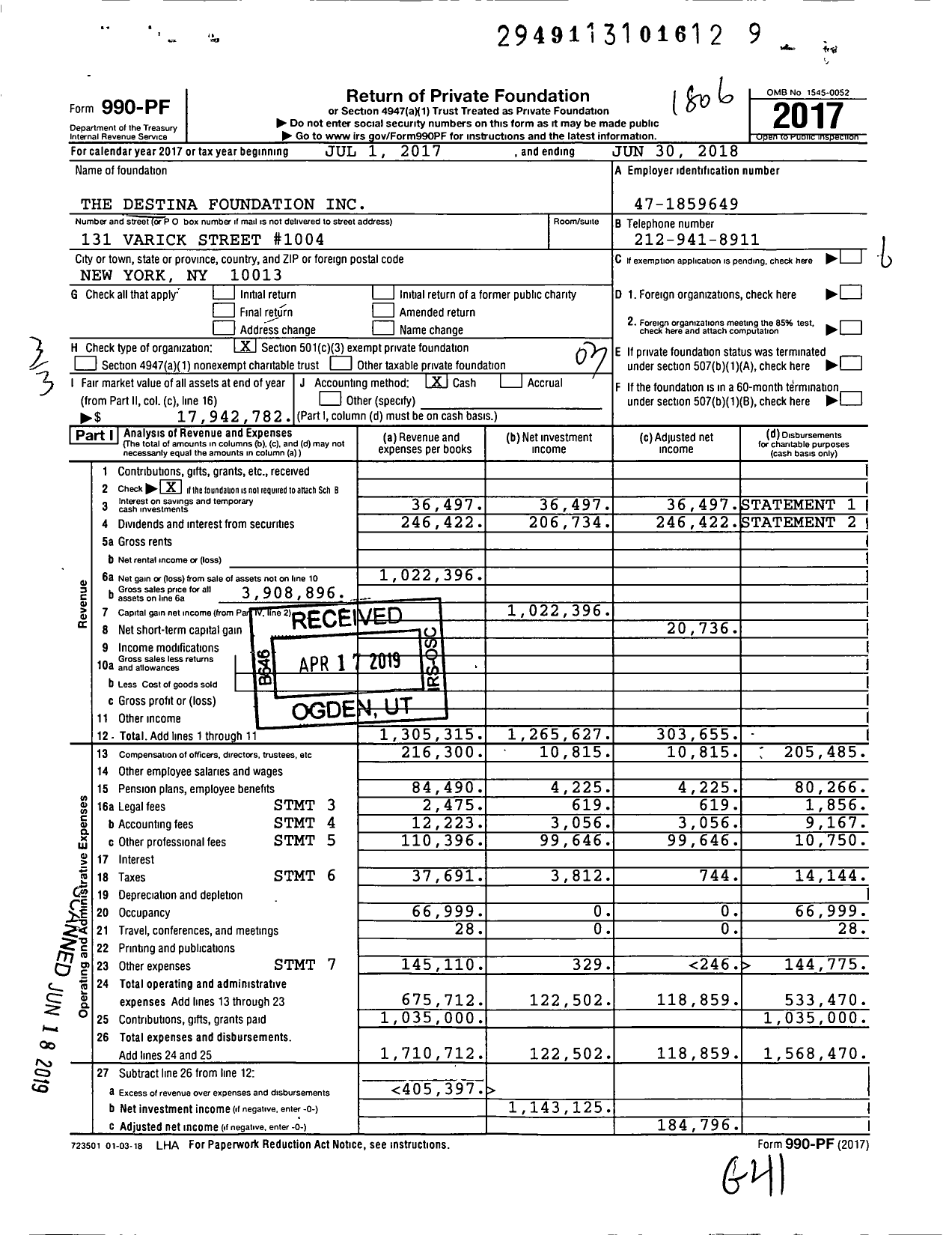 Image of first page of 2017 Form 990PF for Destina Foundation