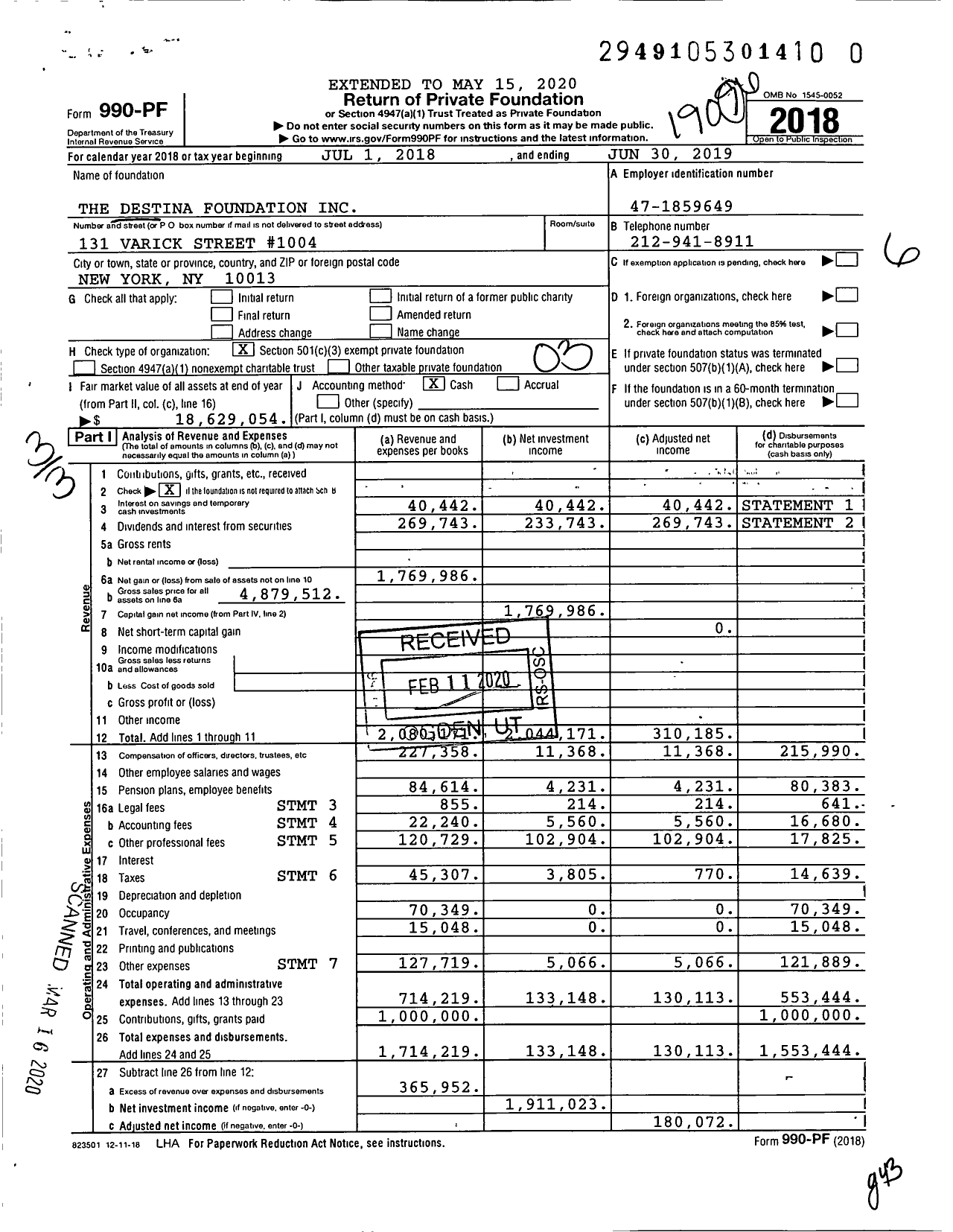 Image of first page of 2018 Form 990PR for Destina Foundation