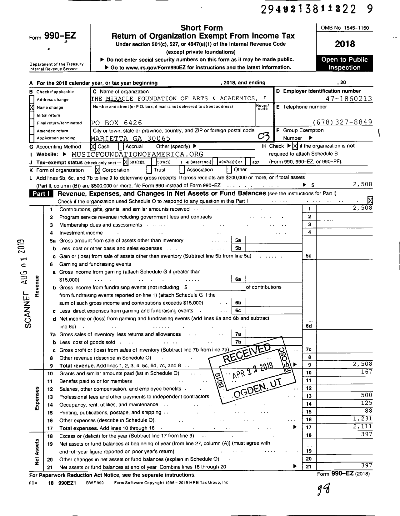 Image of first page of 2018 Form 990EZ for The Miracle Foundation of Arts & Academics