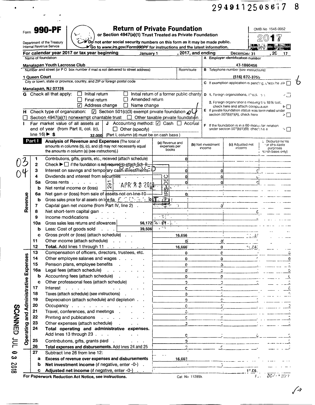 Image of first page of 2017 Form 990PF for Manalapan Youth Lacrosse Club