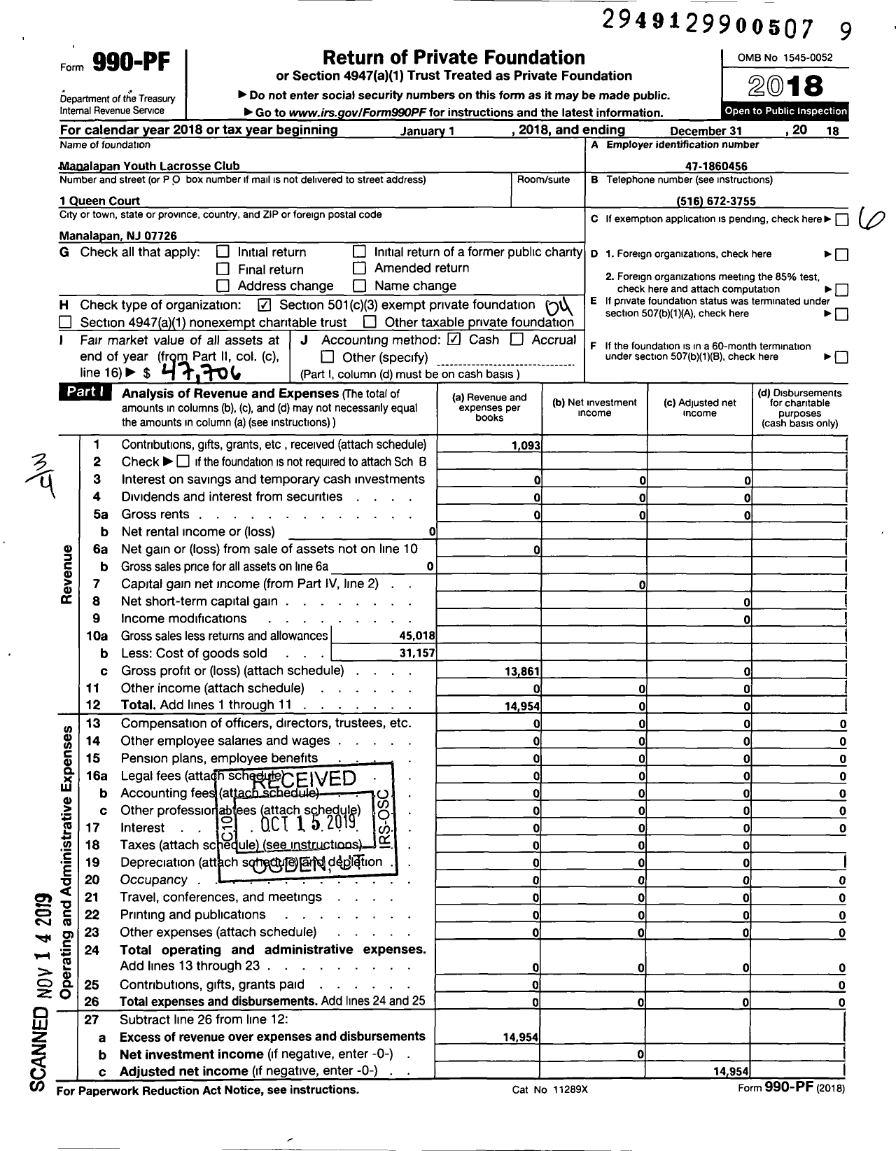 Image of first page of 2018 Form 990PF for Manalapan Youth Lacrosse Club