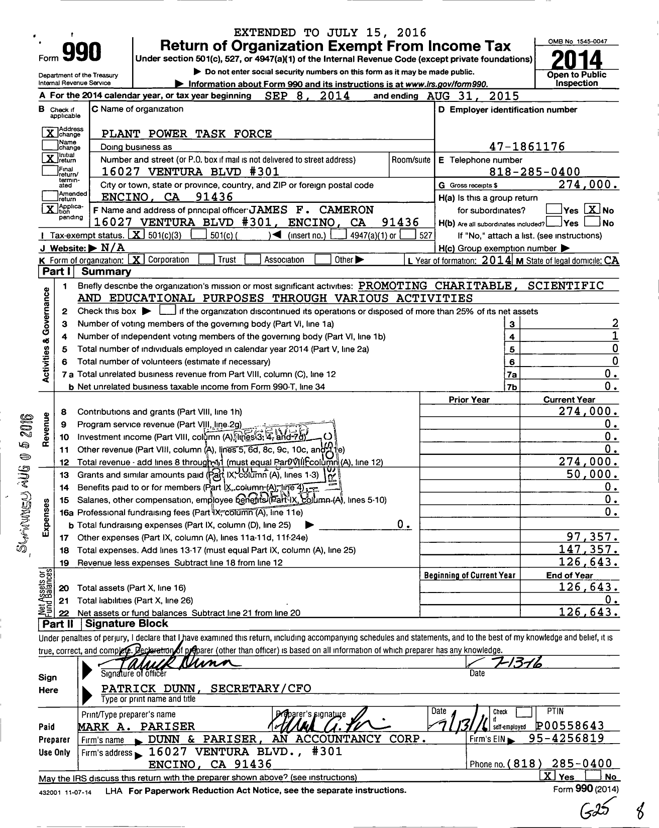 Image of first page of 2014 Form 990 for Plant Power Task Force