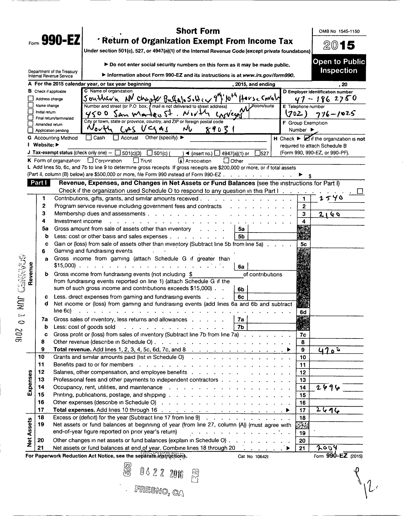 Image of first page of 2015 Form 990EO for Southern NEVADA Chaoter Buffalo SOLDIERS 9th&10th & 10th Horse CAVALRV Assn