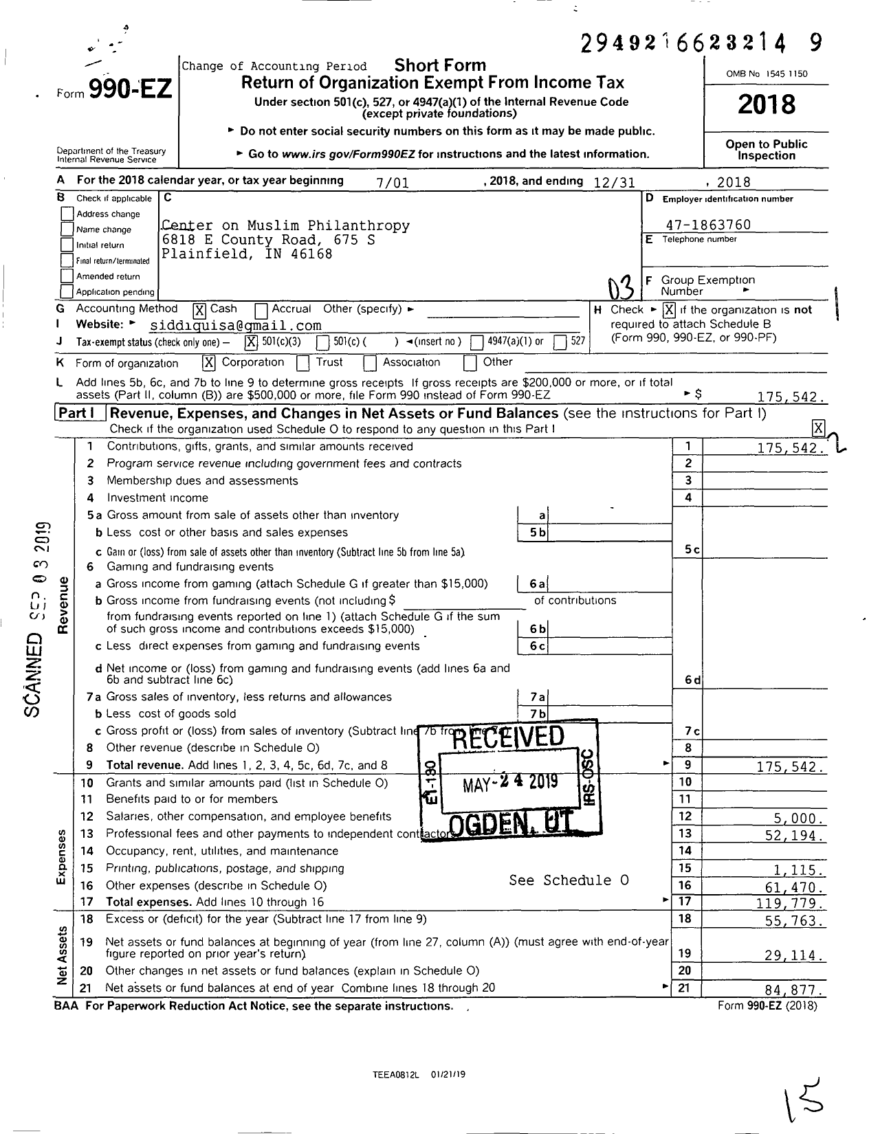 Image of first page of 2018 Form 990EZ for Center on Muslim Philanthropy