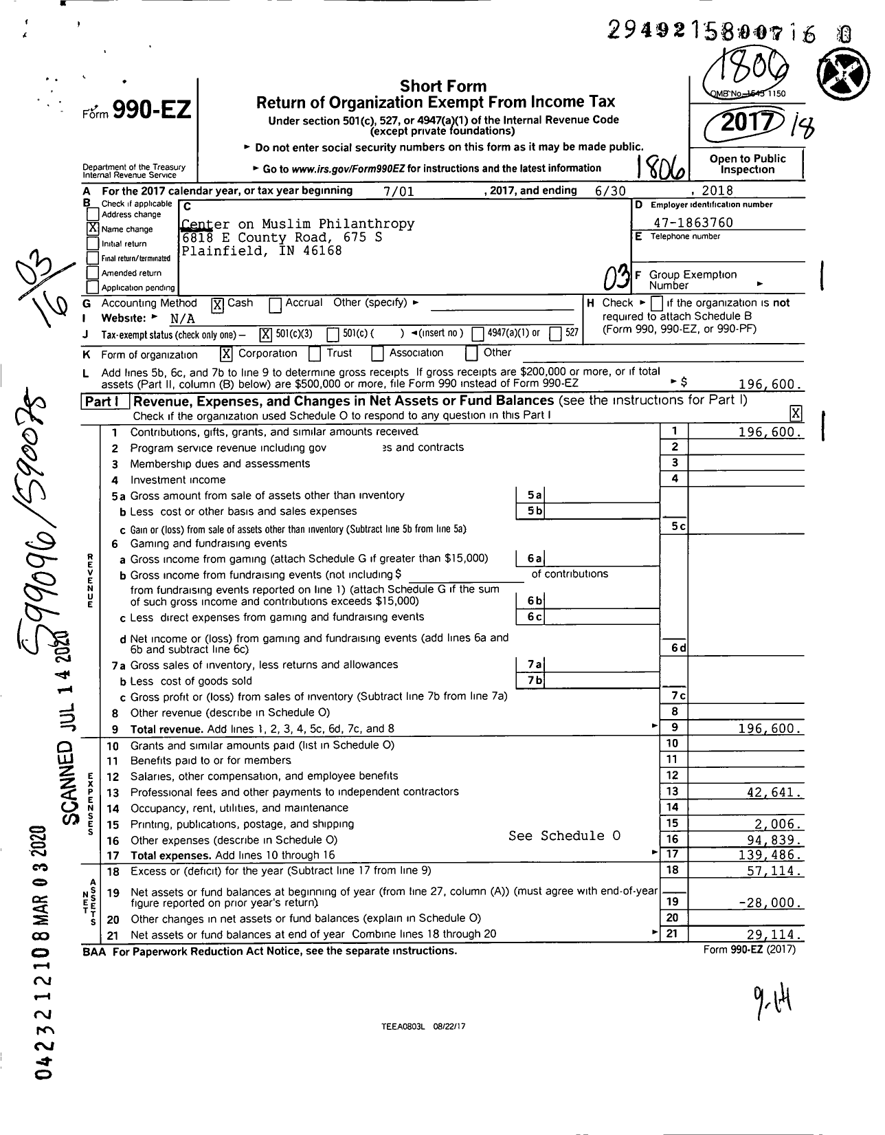 Image of first page of 2017 Form 990EZ for Center on Muslim Philanthropy