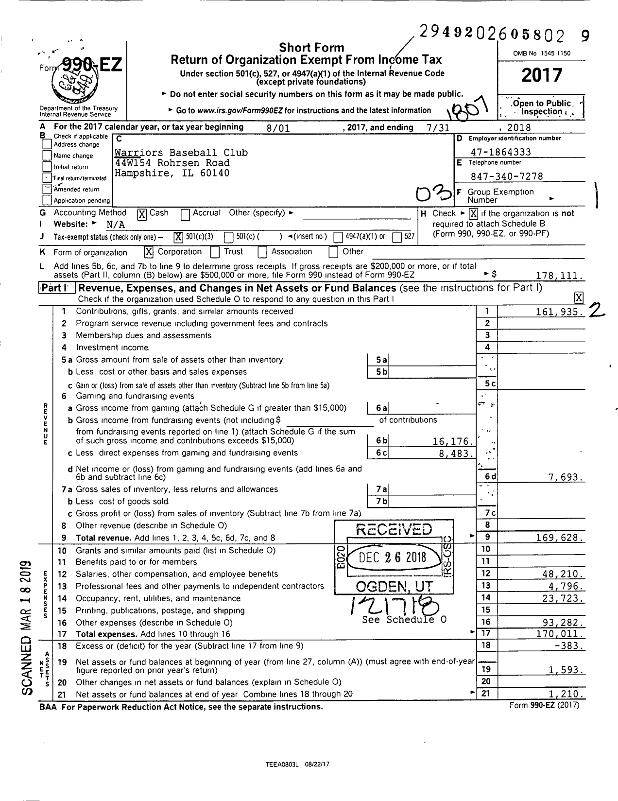 Image of first page of 2017 Form 990EZ for Warriors Baseball Club