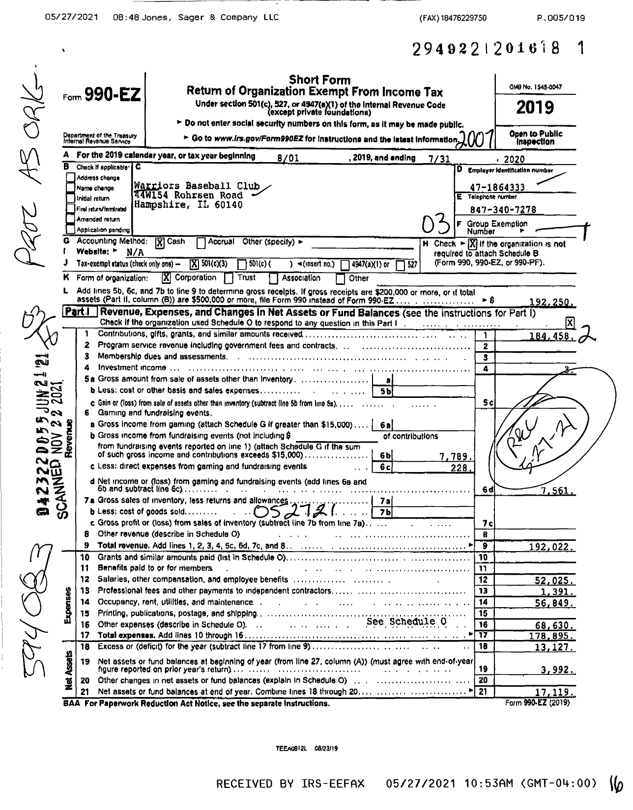 Image of first page of 2019 Form 990EZ for Warriors Baseball Club