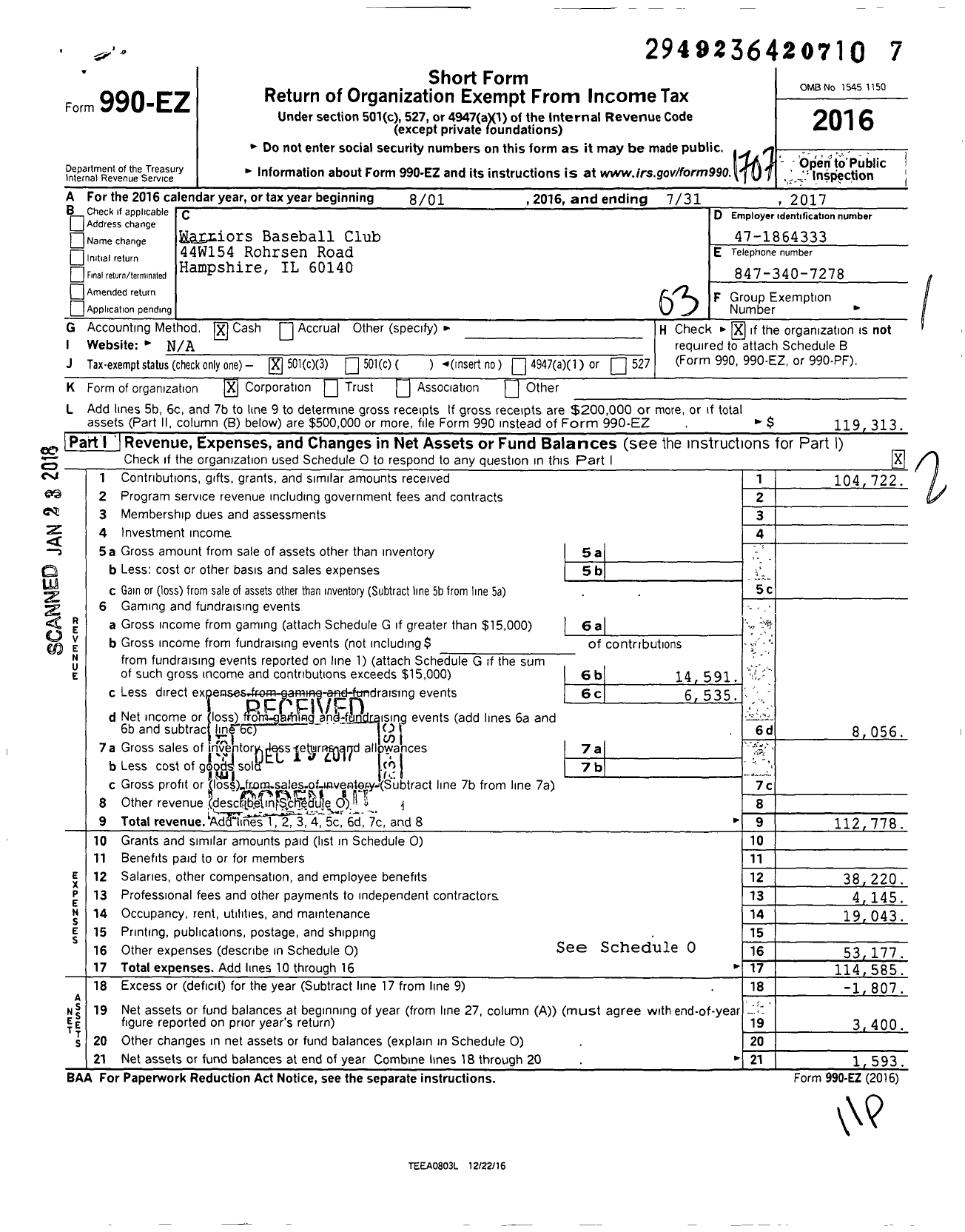 Image of first page of 2016 Form 990EZ for Warriors Baseball Club