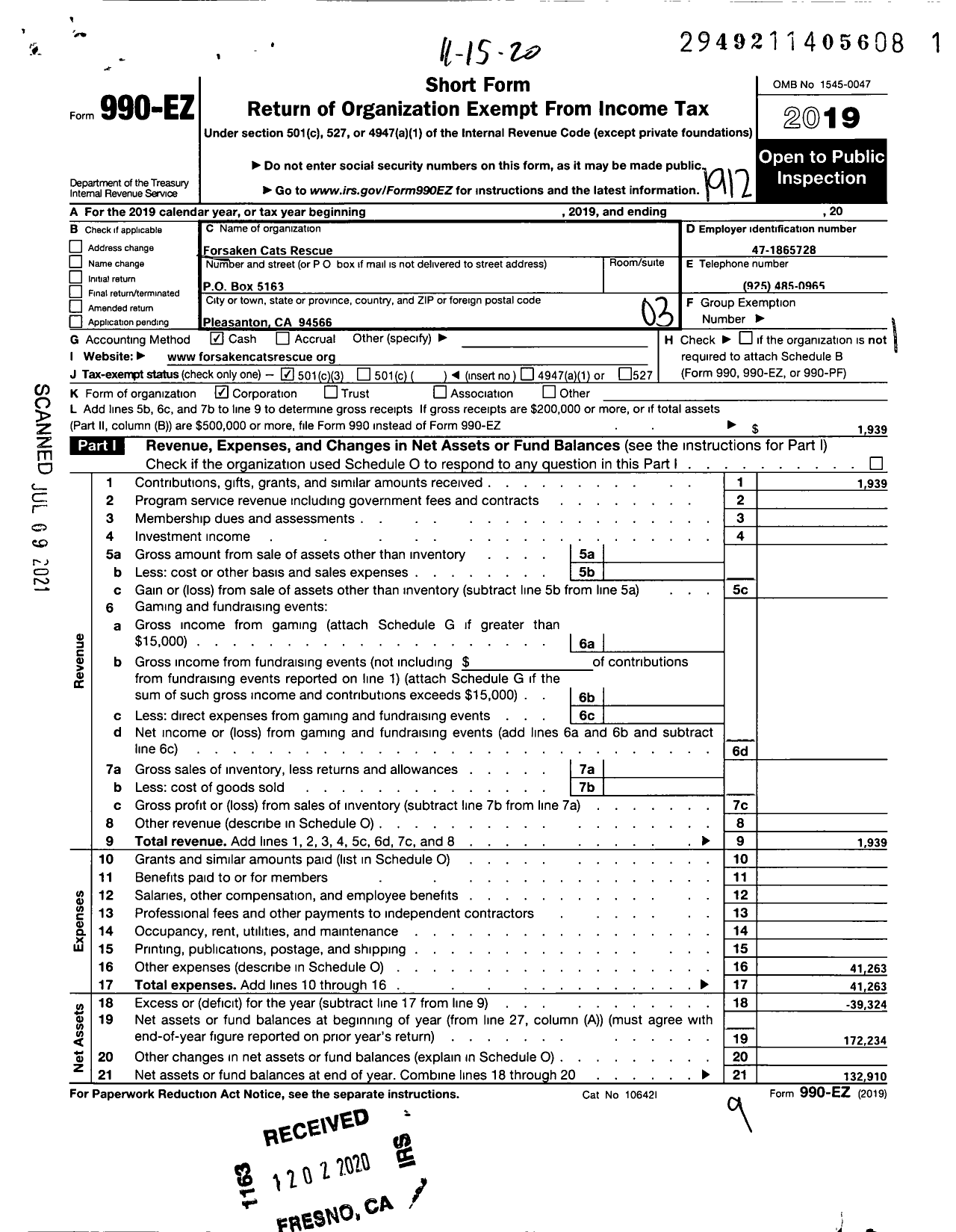 Image of first page of 2019 Form 990EZ for Forsaken Cats Rescue