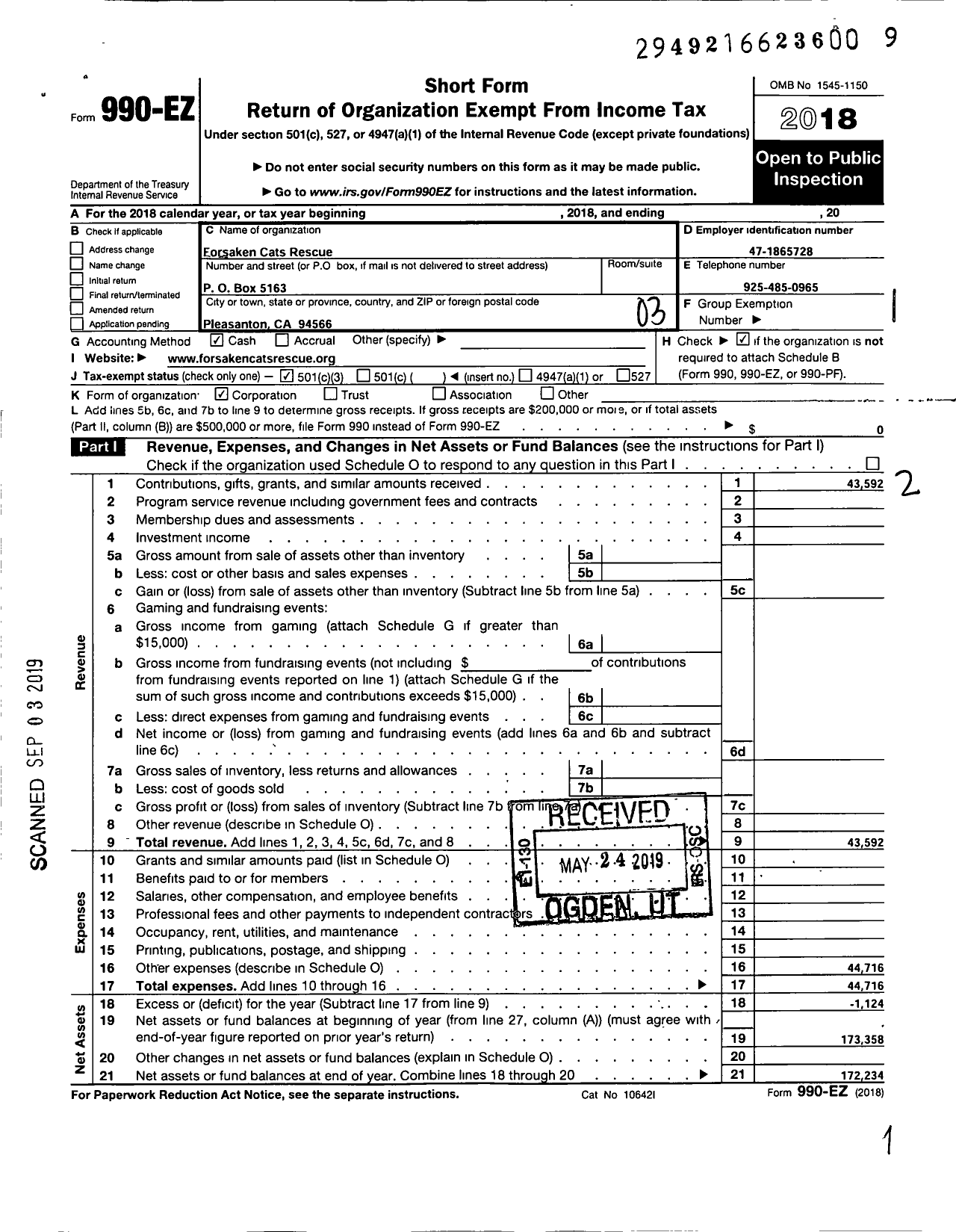 Image of first page of 2018 Form 990EZ for Forsaken Cats Rescue