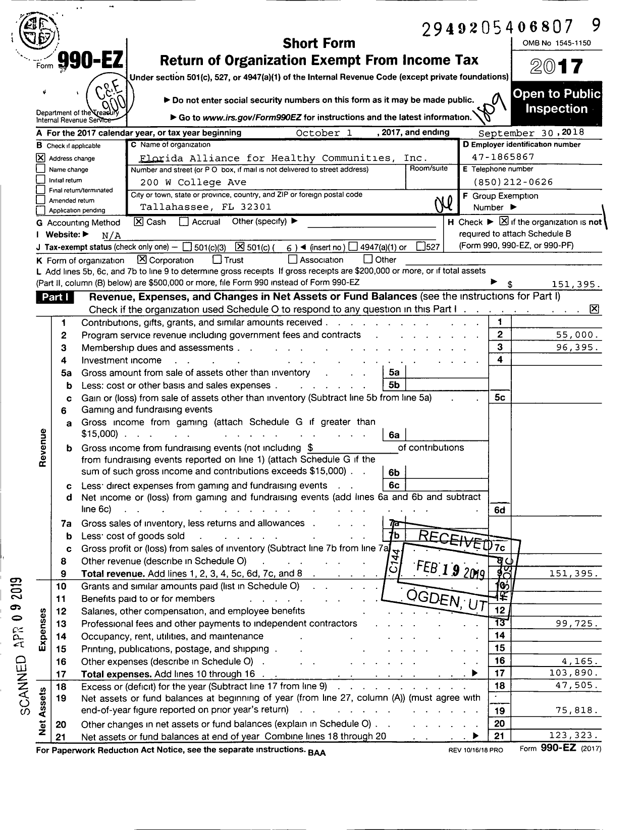 Image of first page of 2017 Form 990EO for Florida Alliance for Healthy Communities