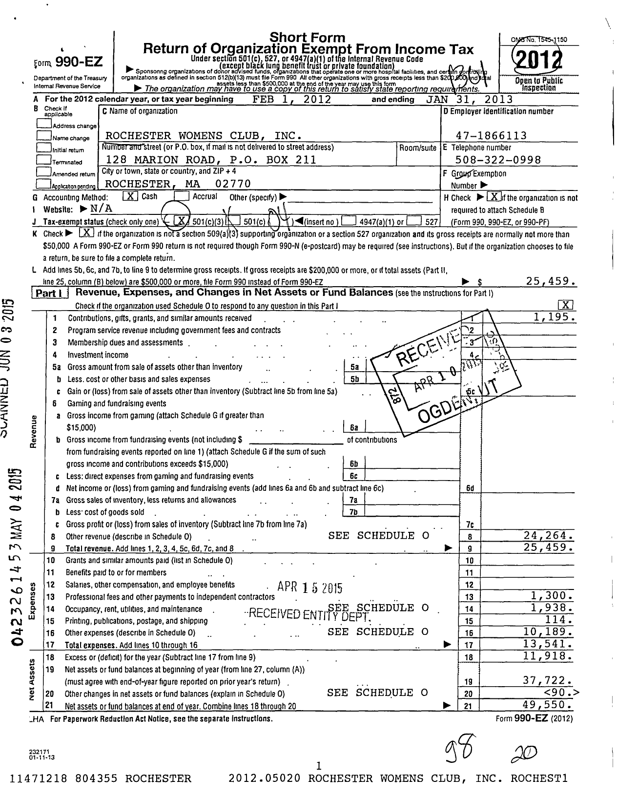 Image of first page of 2012 Form 990EO for Rochester Womens Club