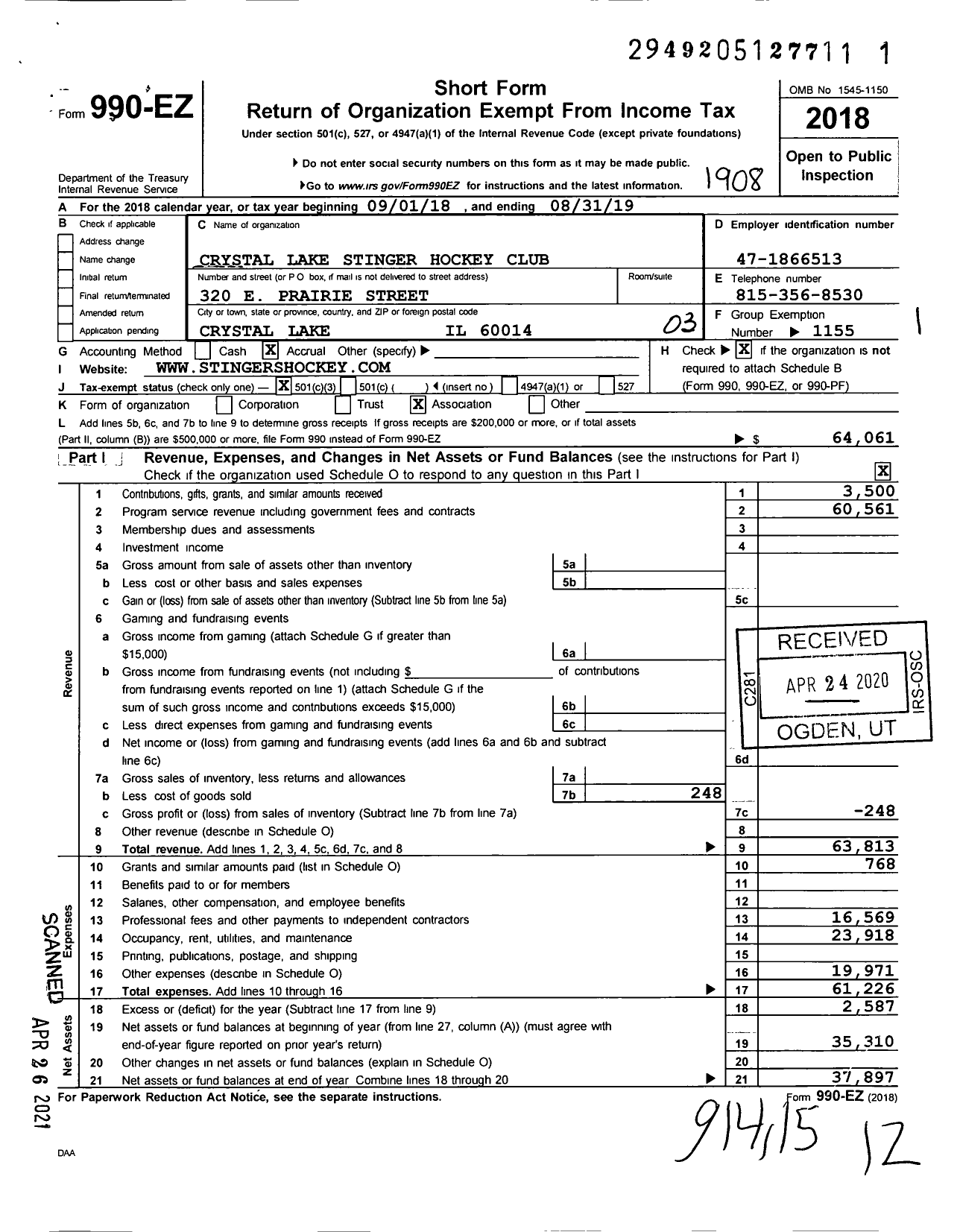 Image of first page of 2018 Form 990EZ for Amateur Athletic Union - Crystal Lake Stinger Hockey Club