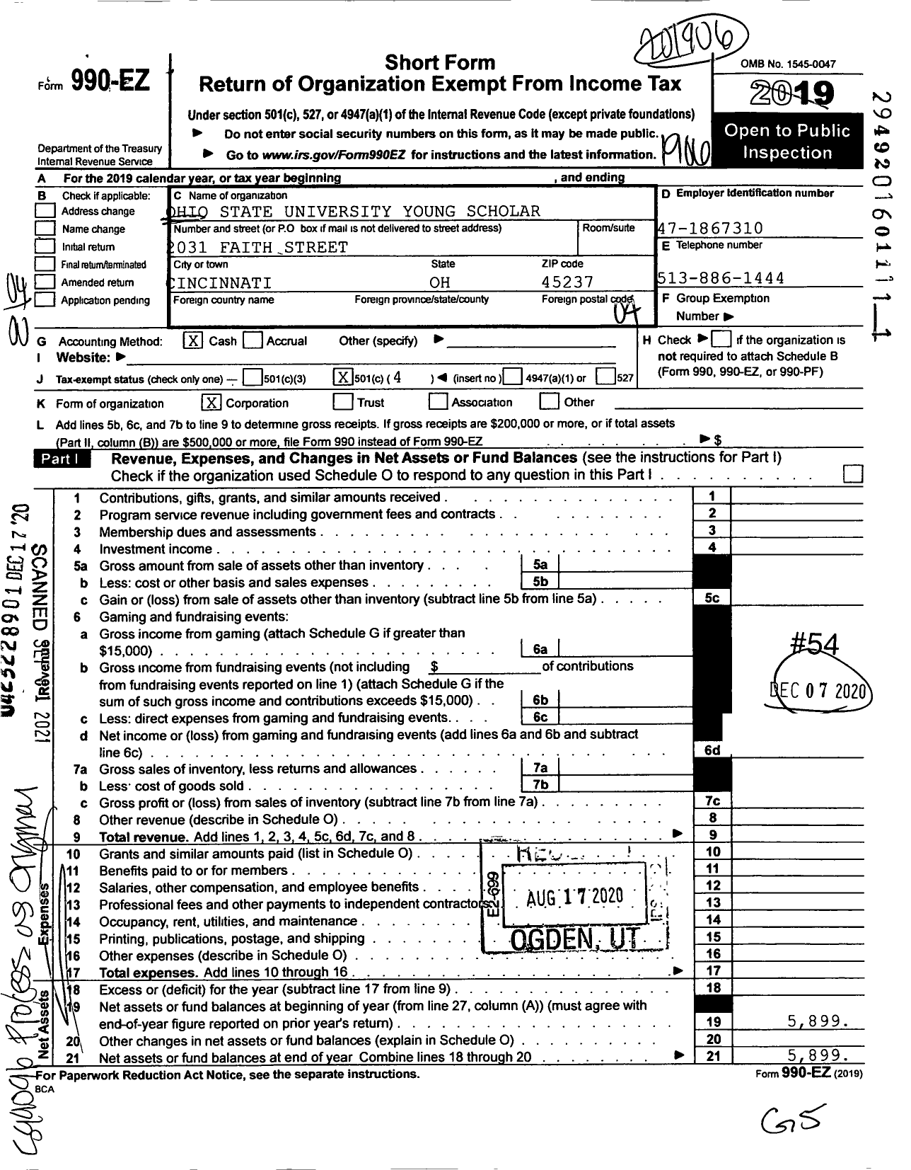 Image of first page of 2018 Form 990EO for Ohio State University Young Scholar Program Alumni Society