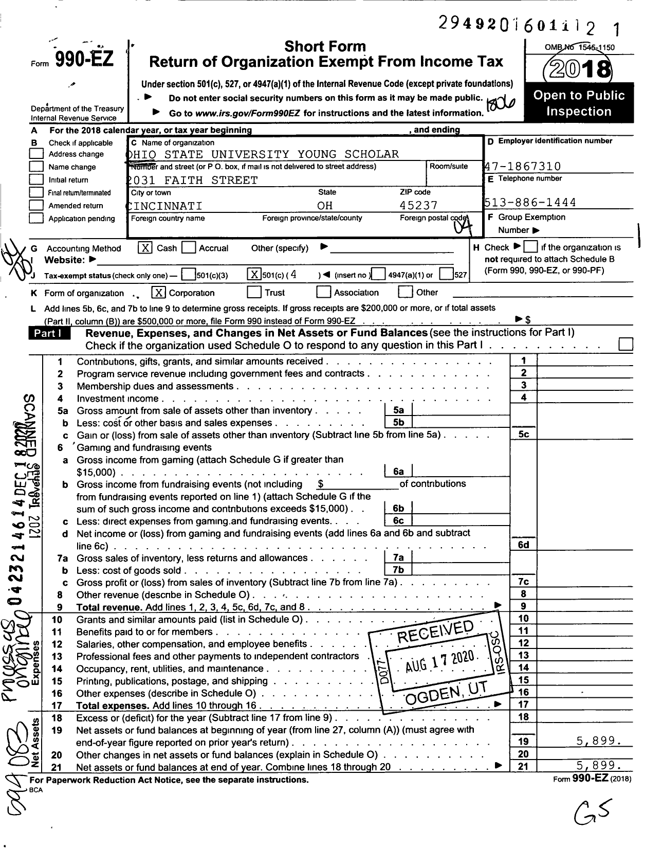 Image of first page of 2017 Form 990EO for Ohio State University Young Scholar Program Alumni Society