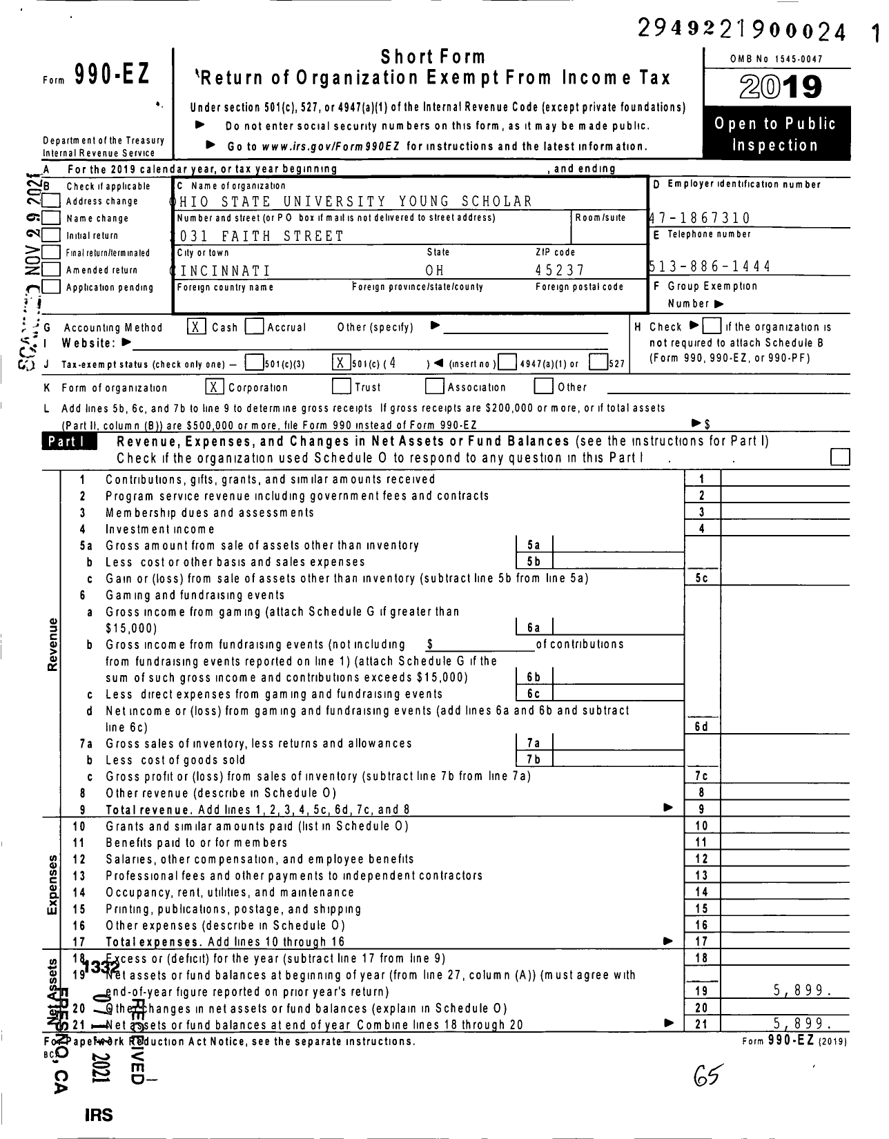 Image of first page of 2019 Form 990EO for Ohio State University Young Scholar Program Alumni Society