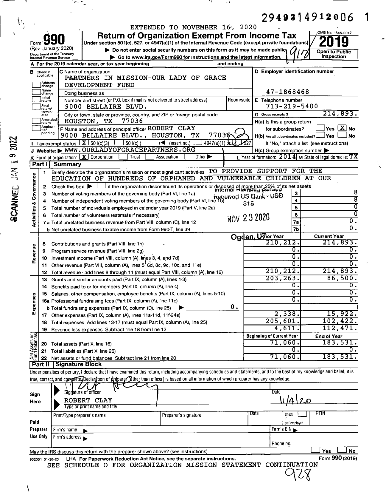 Image of first page of 2019 Form 990 for Partners in Mission-Our Lady of Grace Development Fund