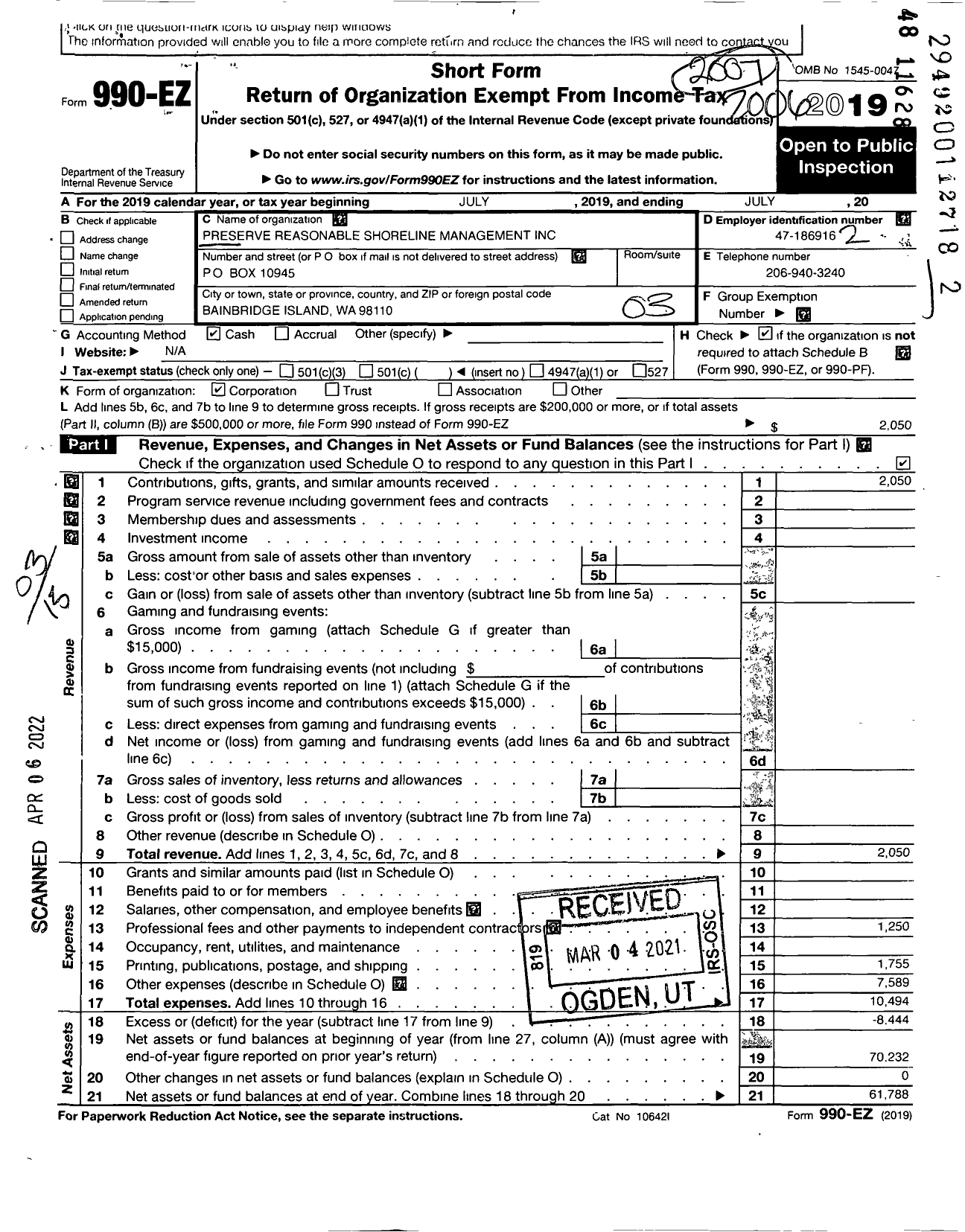 Image of first page of 2019 Form 990EZ for Preserve Reasonable Shoreline Management