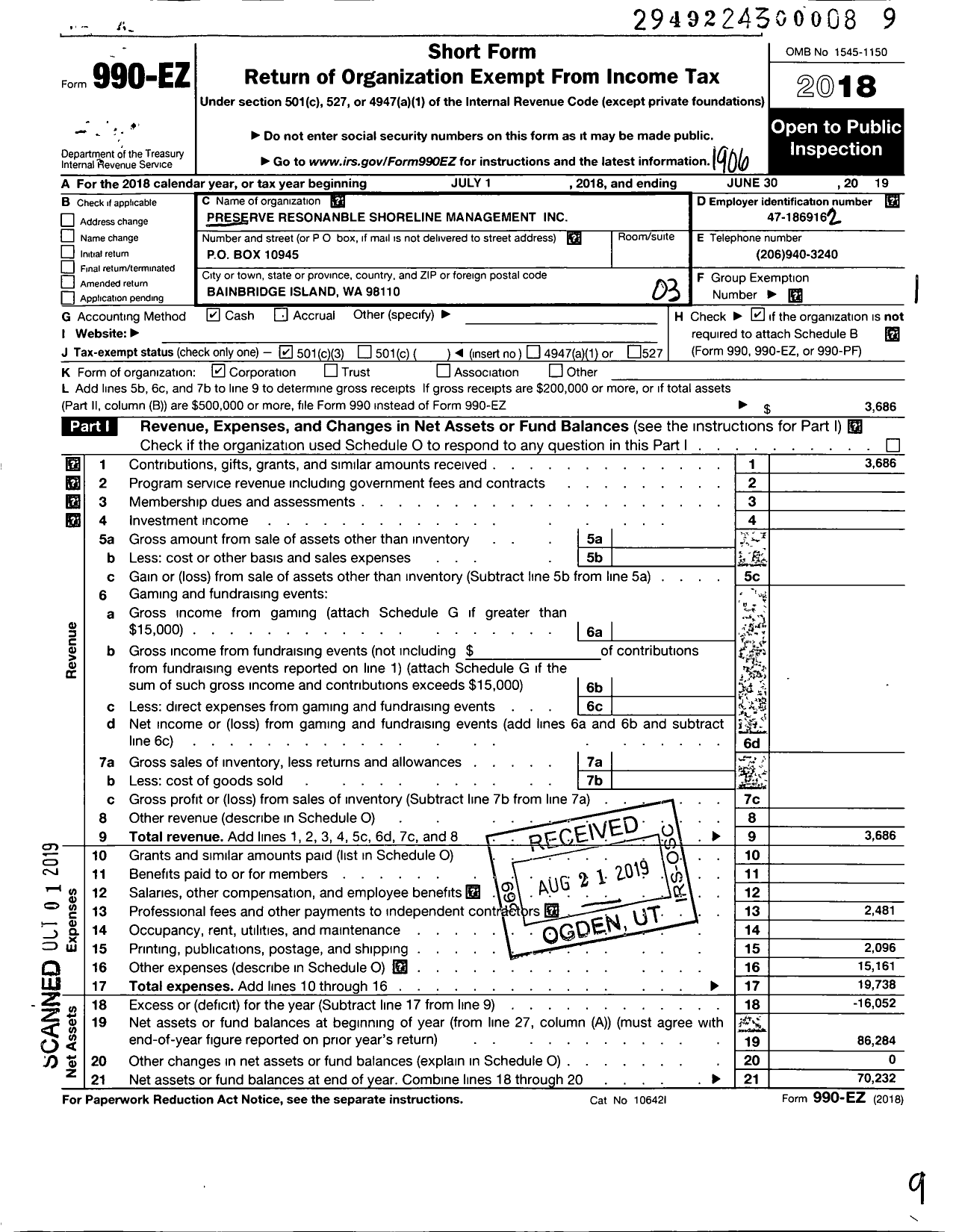 Image of first page of 2018 Form 990EZ for Preserve Reasonable Shoreline Management