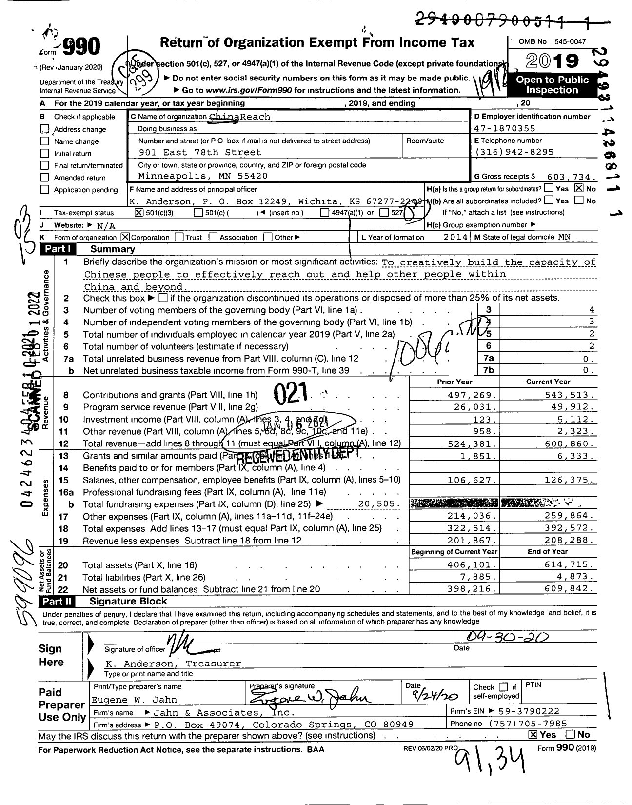 Image of first page of 2019 Form 990 for ChinaReach