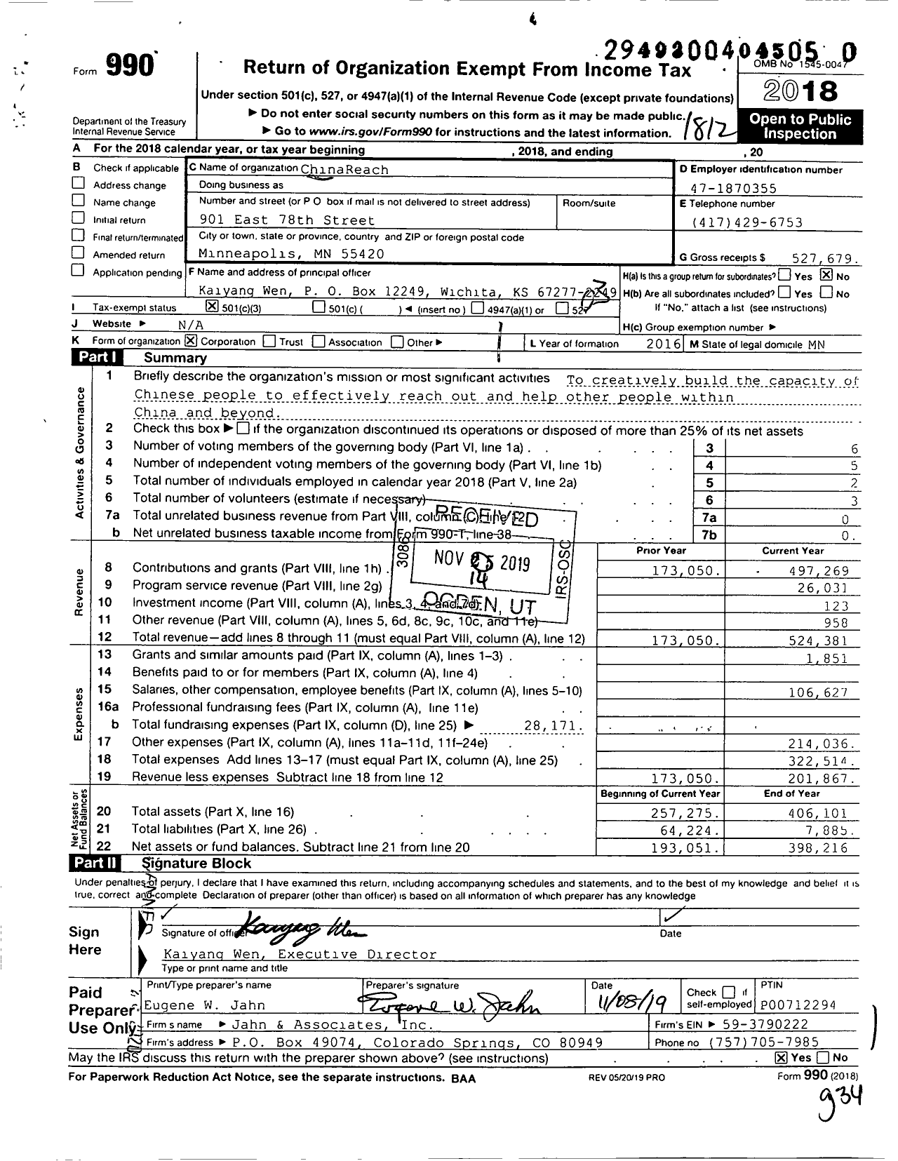 Image of first page of 2018 Form 990 for ChinaReach