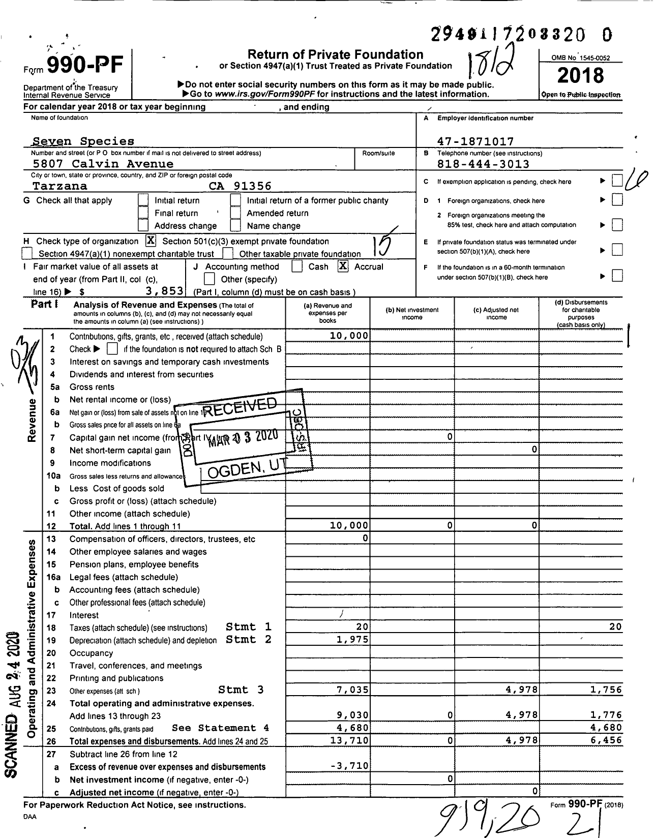 Image of first page of 2018 Form 990PR for Seven Species