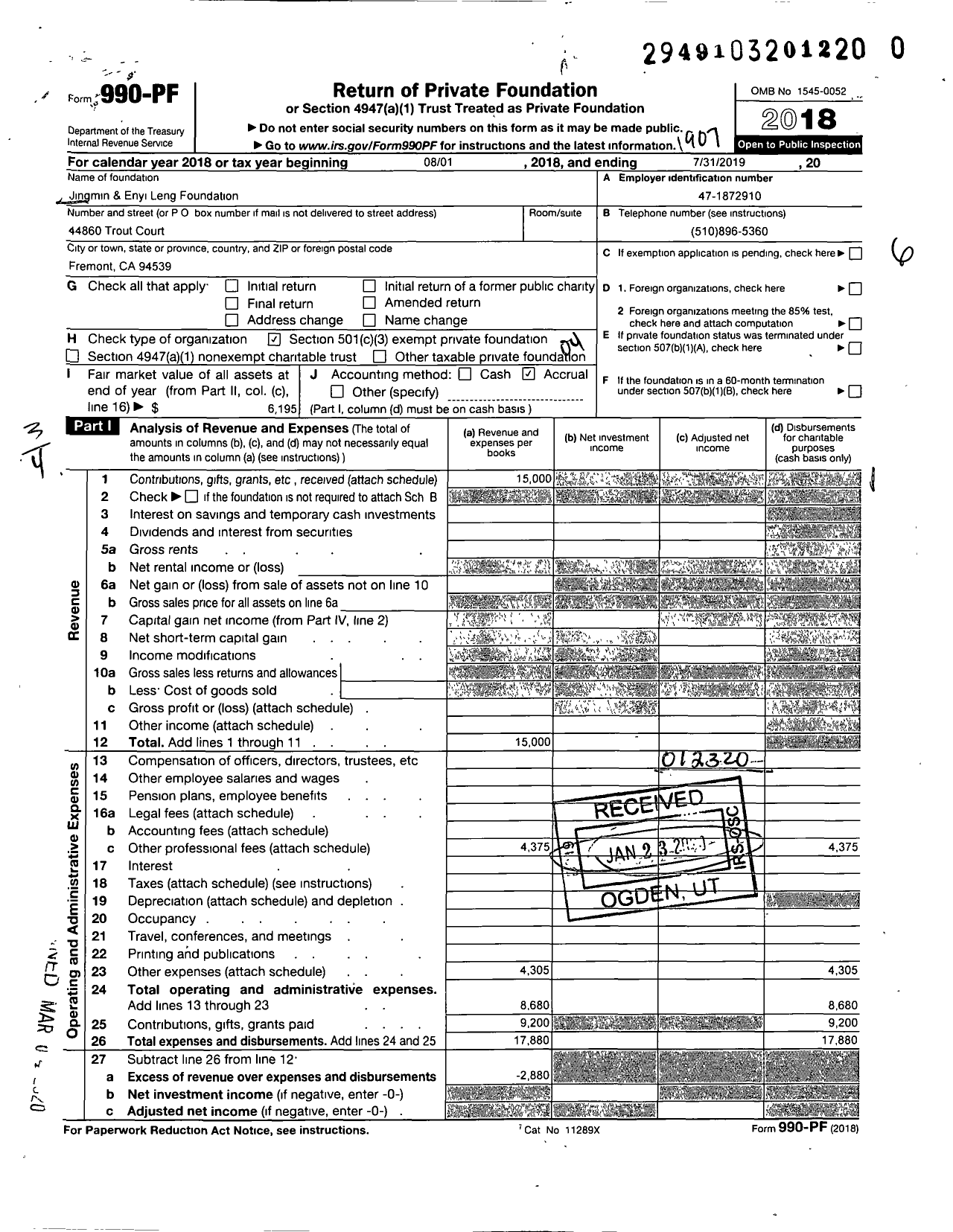 Image of first page of 2018 Form 990PR for Jingmin and Enyi Leng Foundation