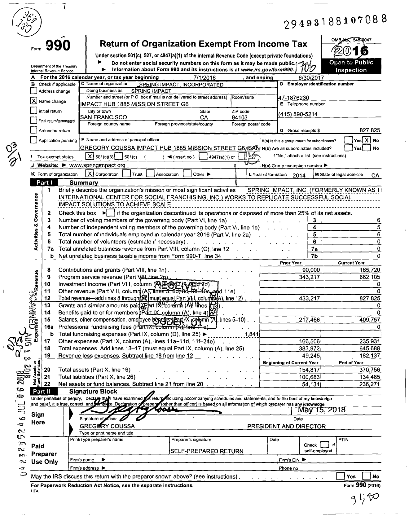 Image of first page of 2016 Form 990 for Spring Impact Incorporated