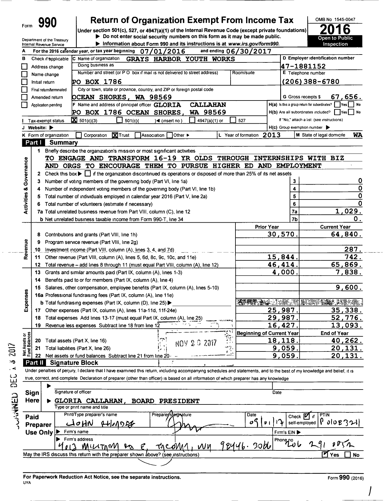Image of first page of 2016 Form 990 for Grays Harbor Youth Works