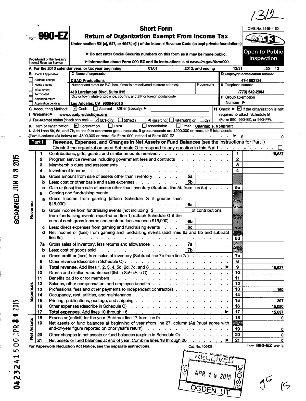 Image of first page of 2013 Form 990EZ for Quad Productions