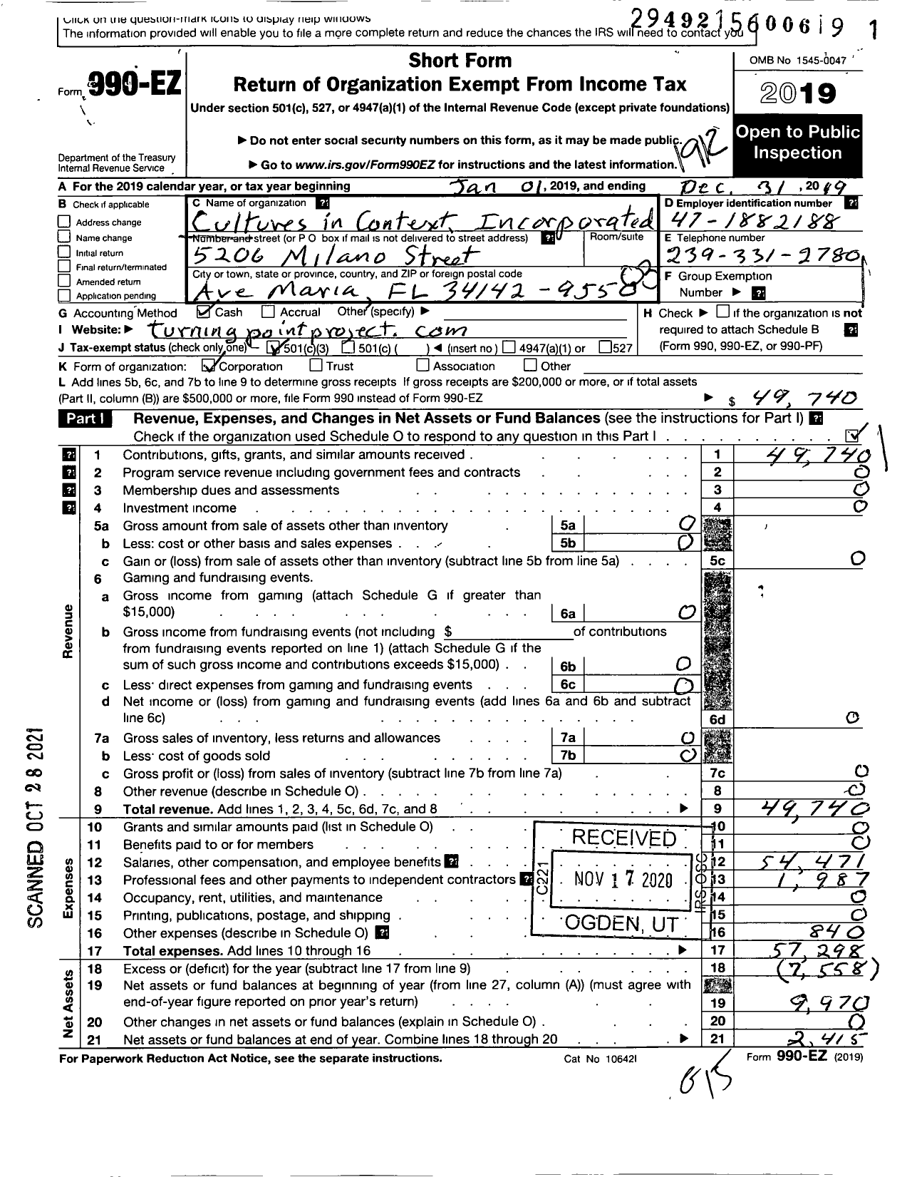 Image of first page of 2019 Form 990EZ for Cultures in Context Incorporated